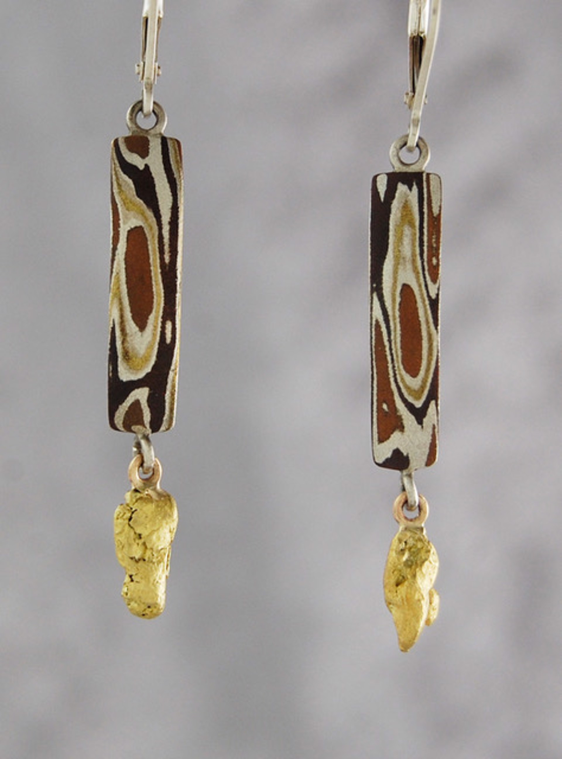 Earrings - Mokume Gane With Natural Gold Nuggets Sterling Silver Lever Backs - #297 by Ken and Barbara Newman