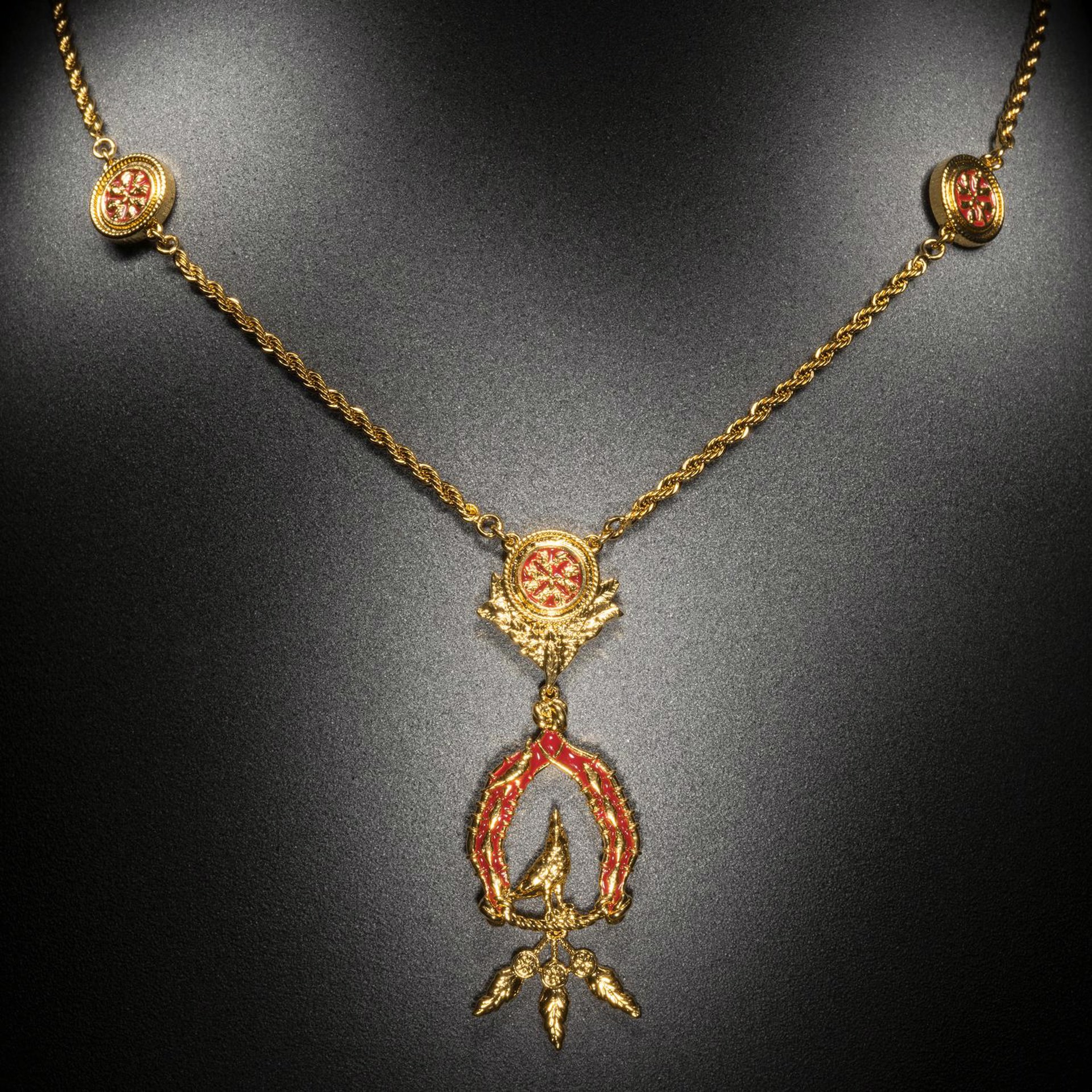 Vigor Necklace with Feathers - Gold & Red by Angela Mia