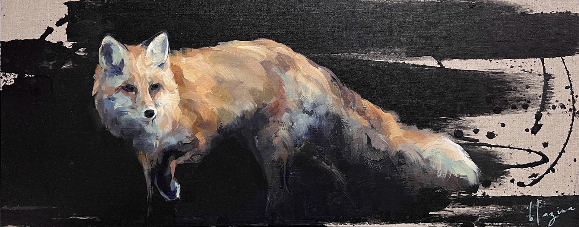 Red Fox walking though and abstract black background painted on linen.