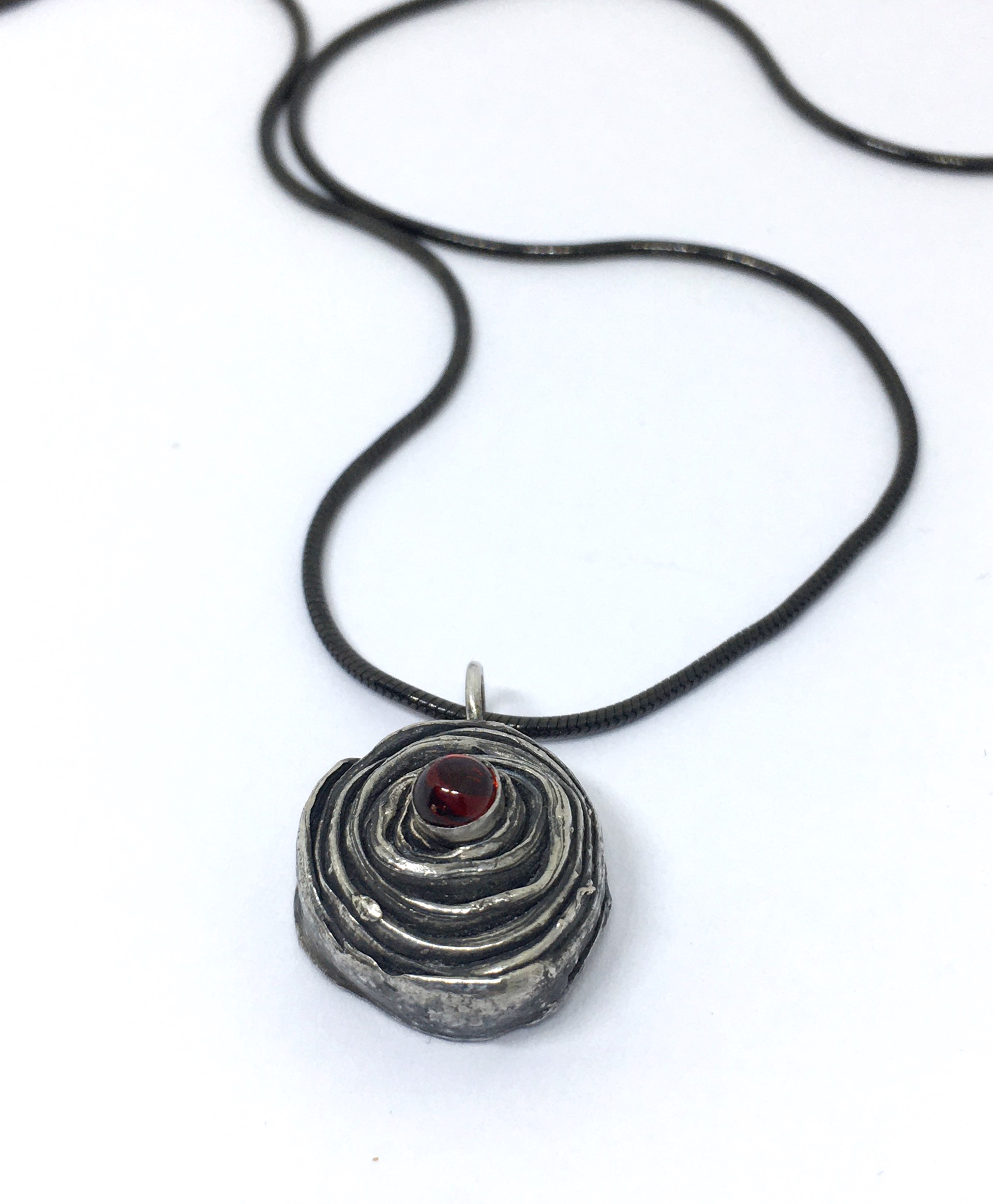 Mitsuro Hikime Rose Pendant Necklace with Garnet on Black Silver Snake Chain by Melicia Phillips