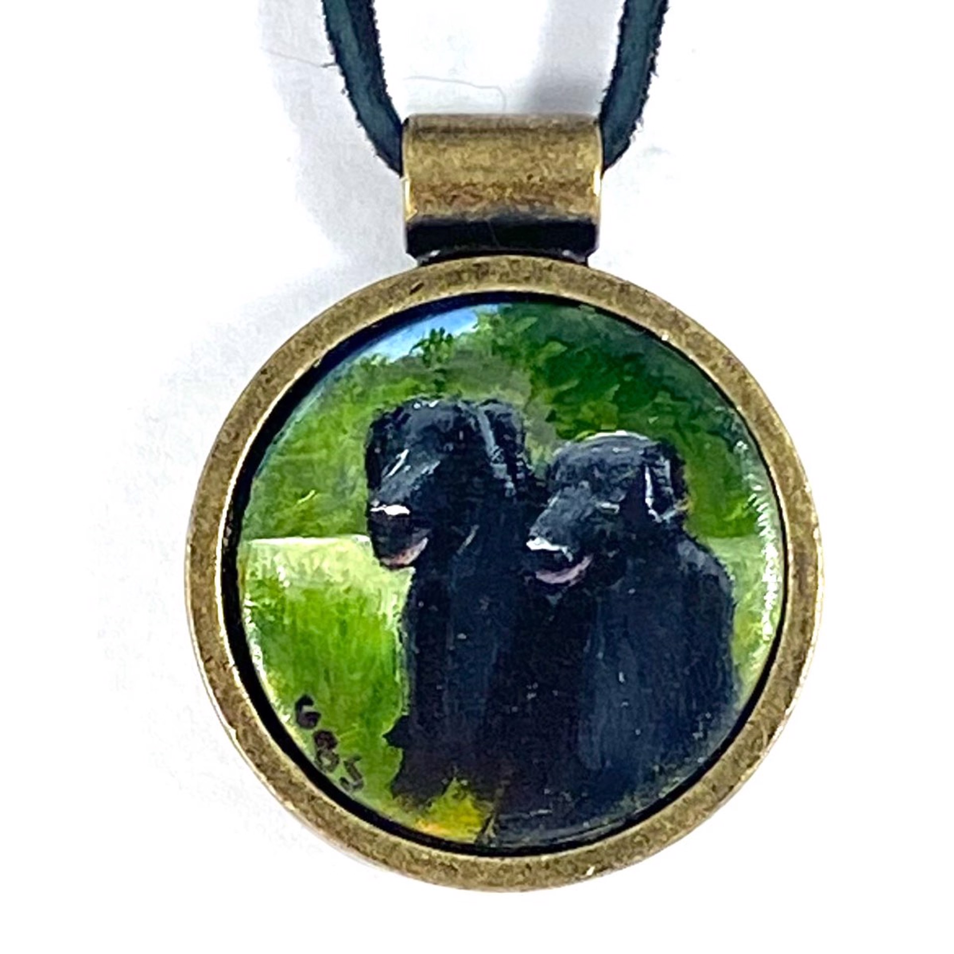 BS22-13 Black Labrador Twins-pendent on leather by Barbara Sawyer