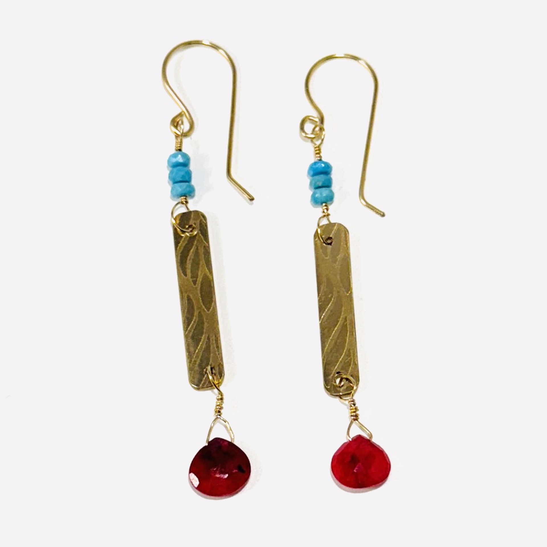Sleeping Beauty Turquoise Beads, Ruby Drop, 14Kgf Paddle Earrings AB23-90 by Anne Bivens