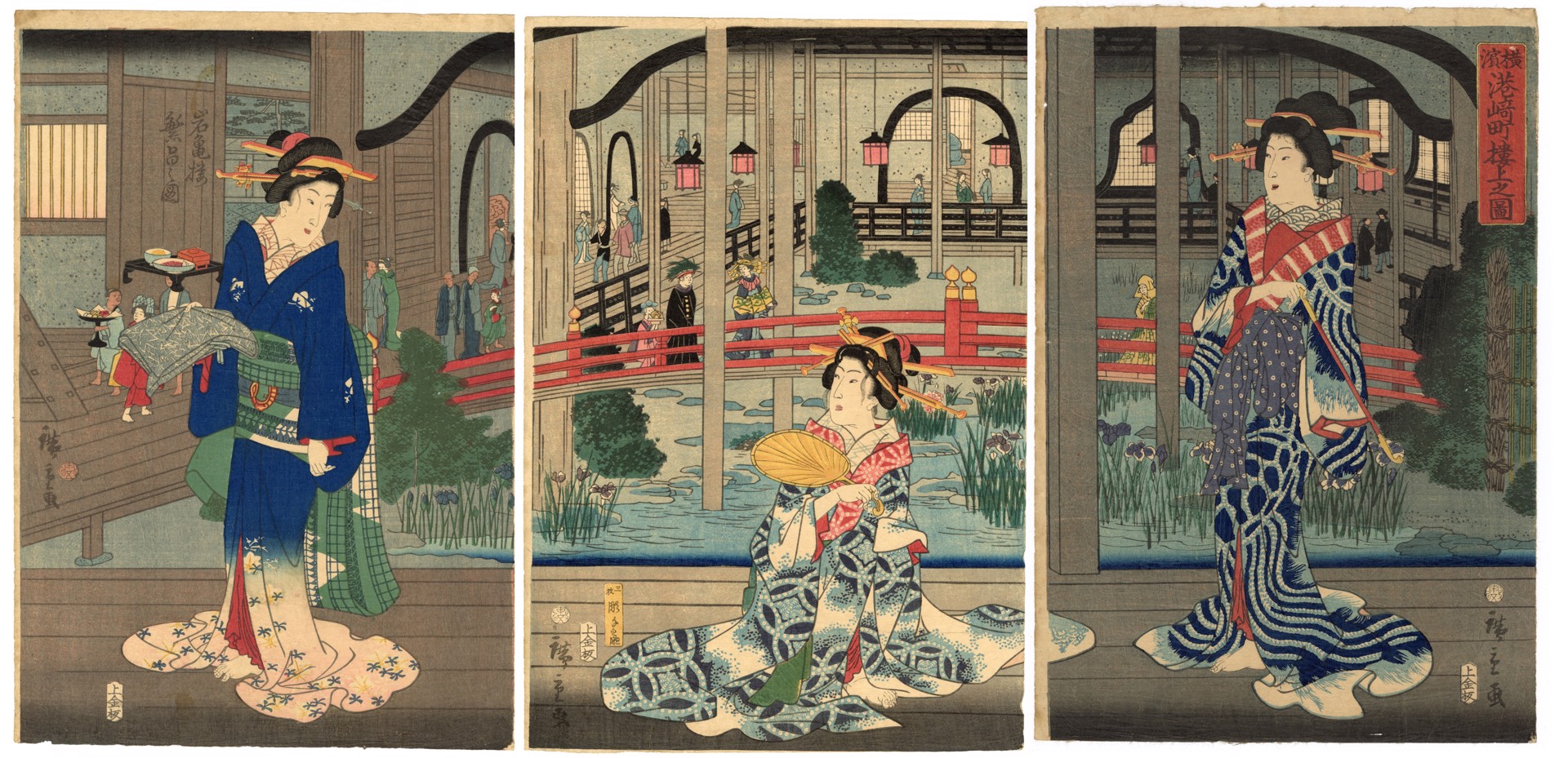 The Prosperous Gankiro Teahouse in the Building at Miyozaki-cho, Yokohama. by Hiroshige II