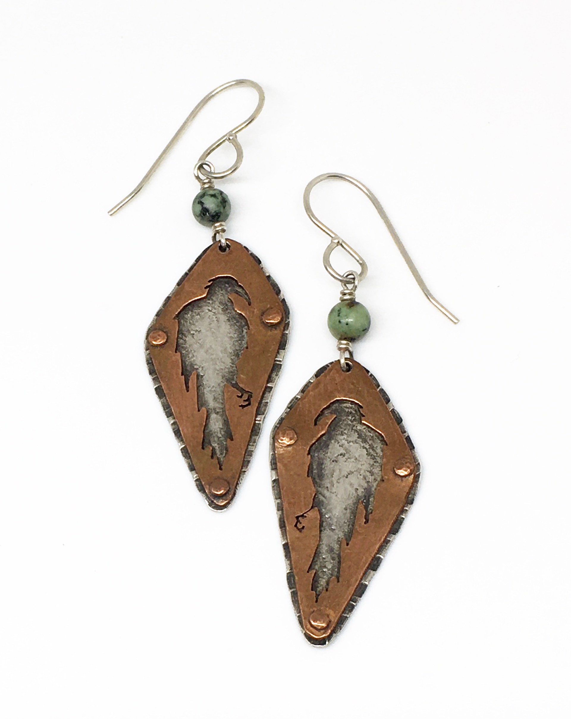 "Katja"  Handmade Silver and Copper - African Turquoise Raven Earrings by Grace Ashford