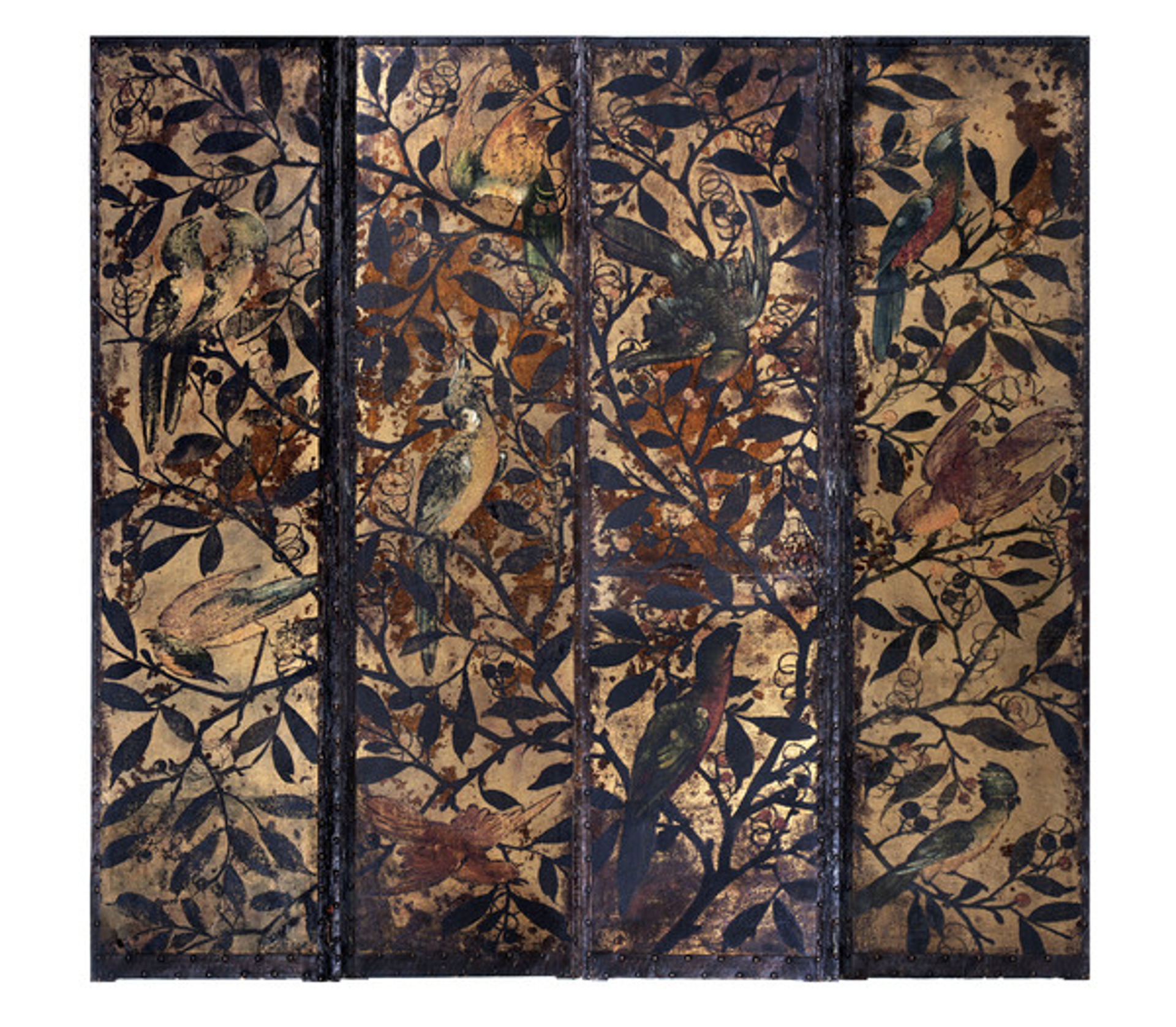 English Chinoiserie Four-Panel Folding Screen with Tropical Birds in Trees by Unknown