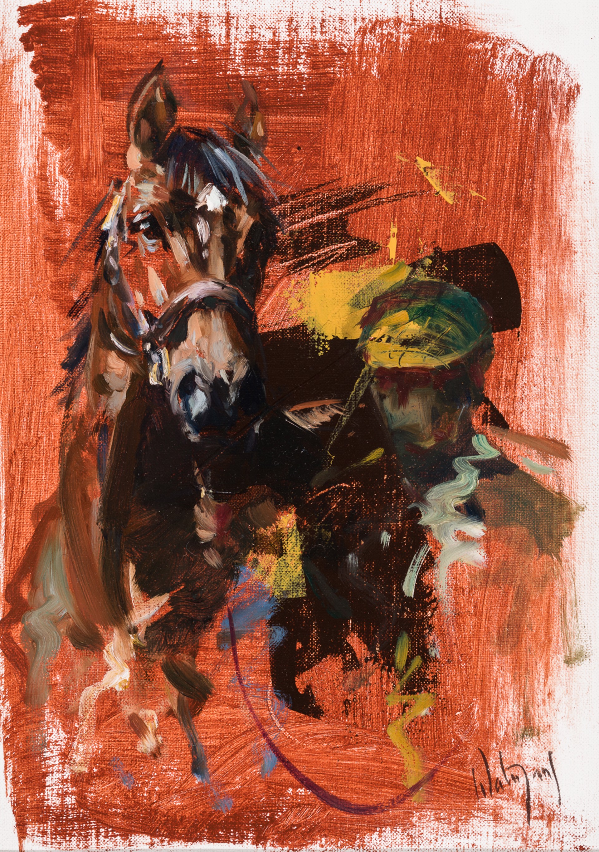 HORSE AND HANDLER & TWO JOCKEYS (a pair) by Hubert de Watrigant