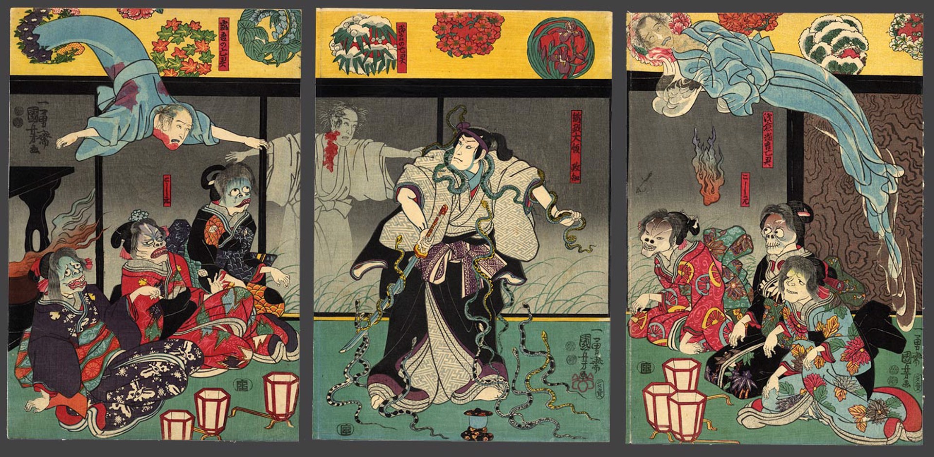 Hideous spectres of Heian Court Ladies watch as a samurai battles snakes cojured by the ghosts of long dead men. by Kuniyoshi