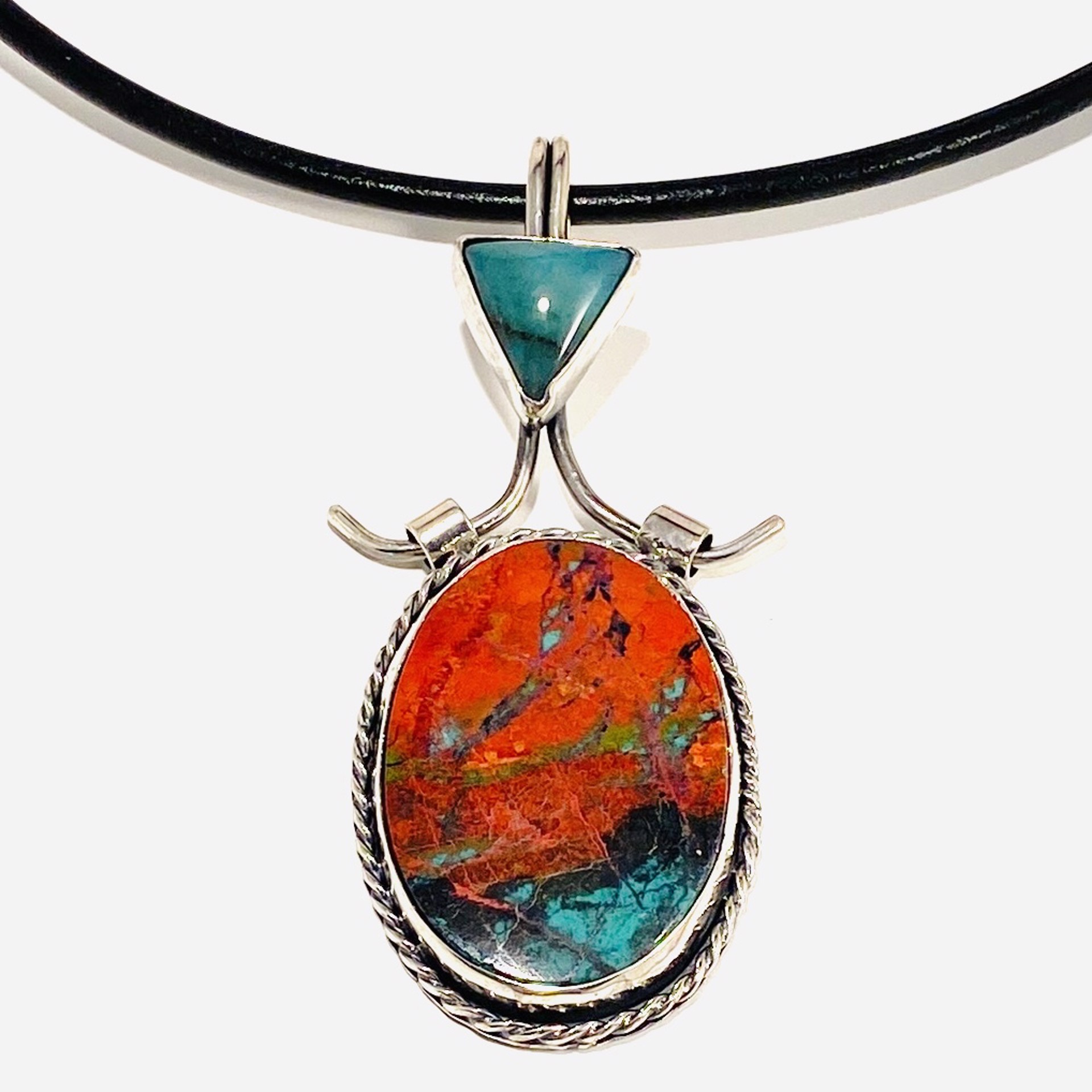 Large Oval Indian Paint Jasper Inlay Rope Bezel Dangle Triangle Chrysacola on Leather cord by Anne Bivens