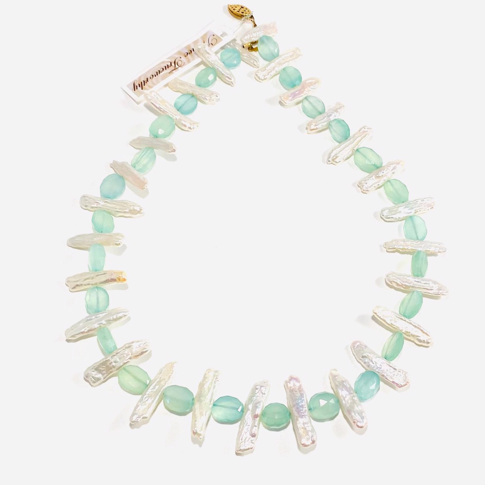 NT22-159 White Biwa Pearl Faceted Oval Seafoam Chalcedony Collar Necklace by Nance Trueworthy