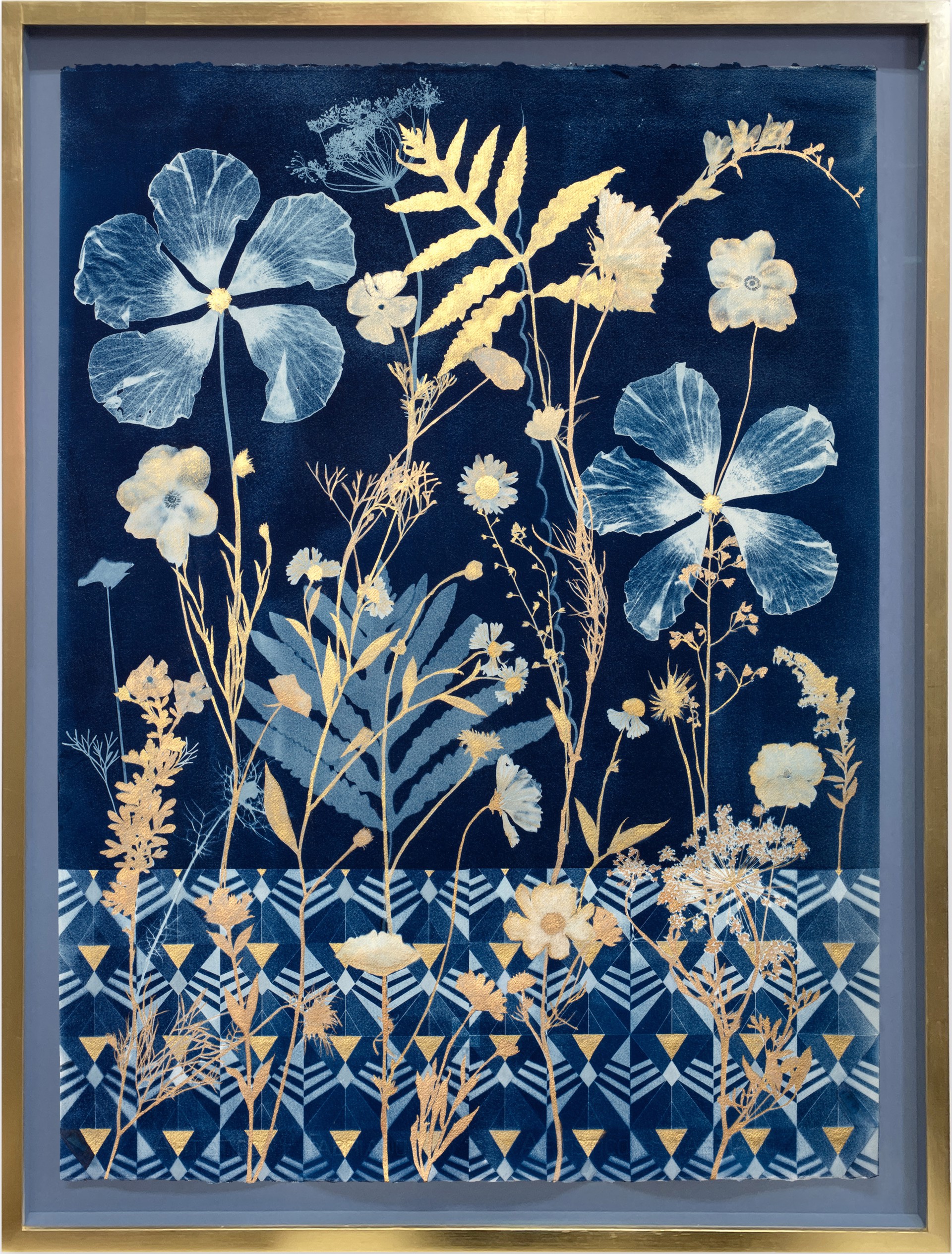 Cyanotype Painting (Gold Hibiscus, Daisies, Cosmos, Fern, Floor Pattern) by Julia Whitney Barnes