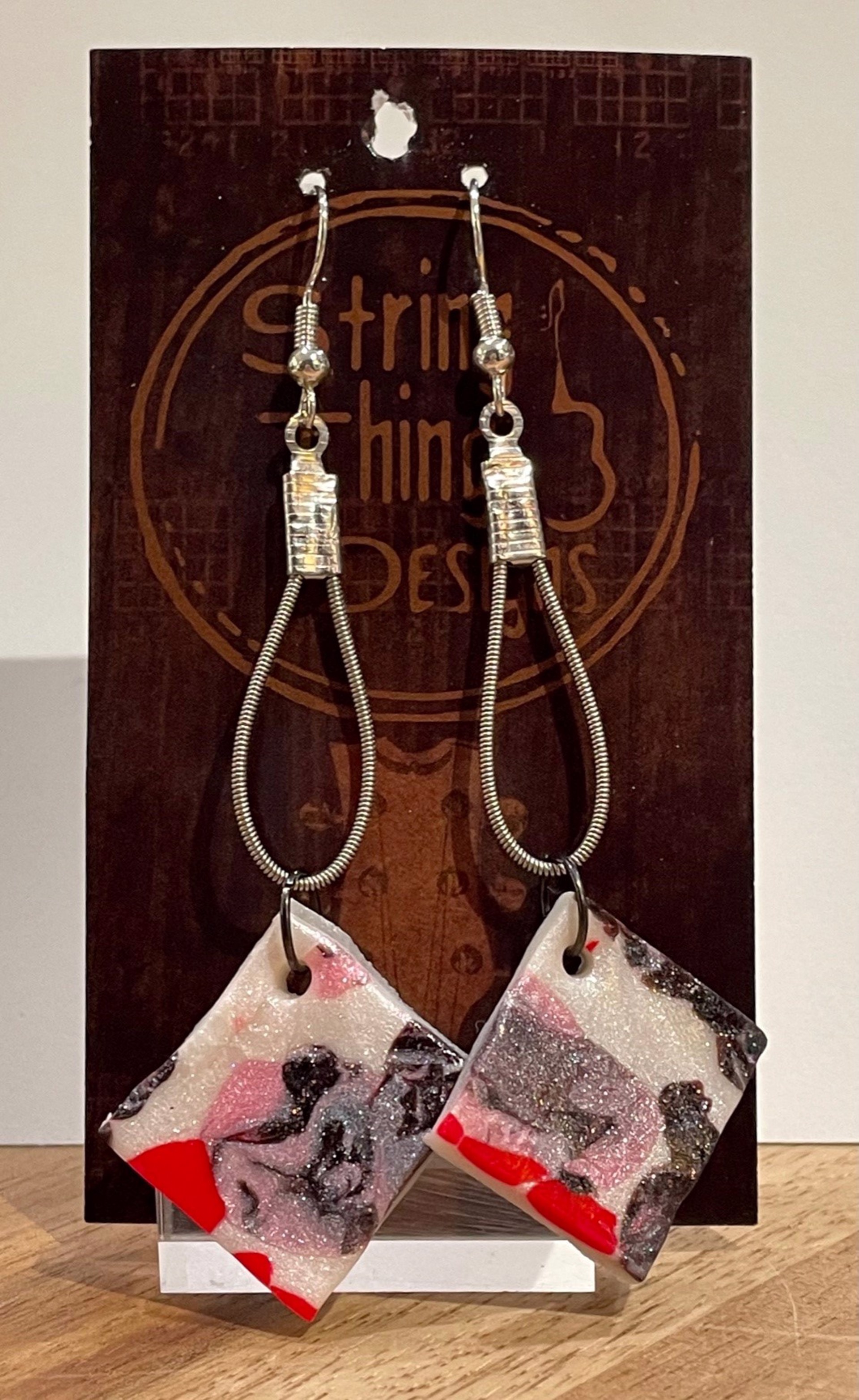Red/White/Black Diamond Guitar String Earrings by String Thing Designs