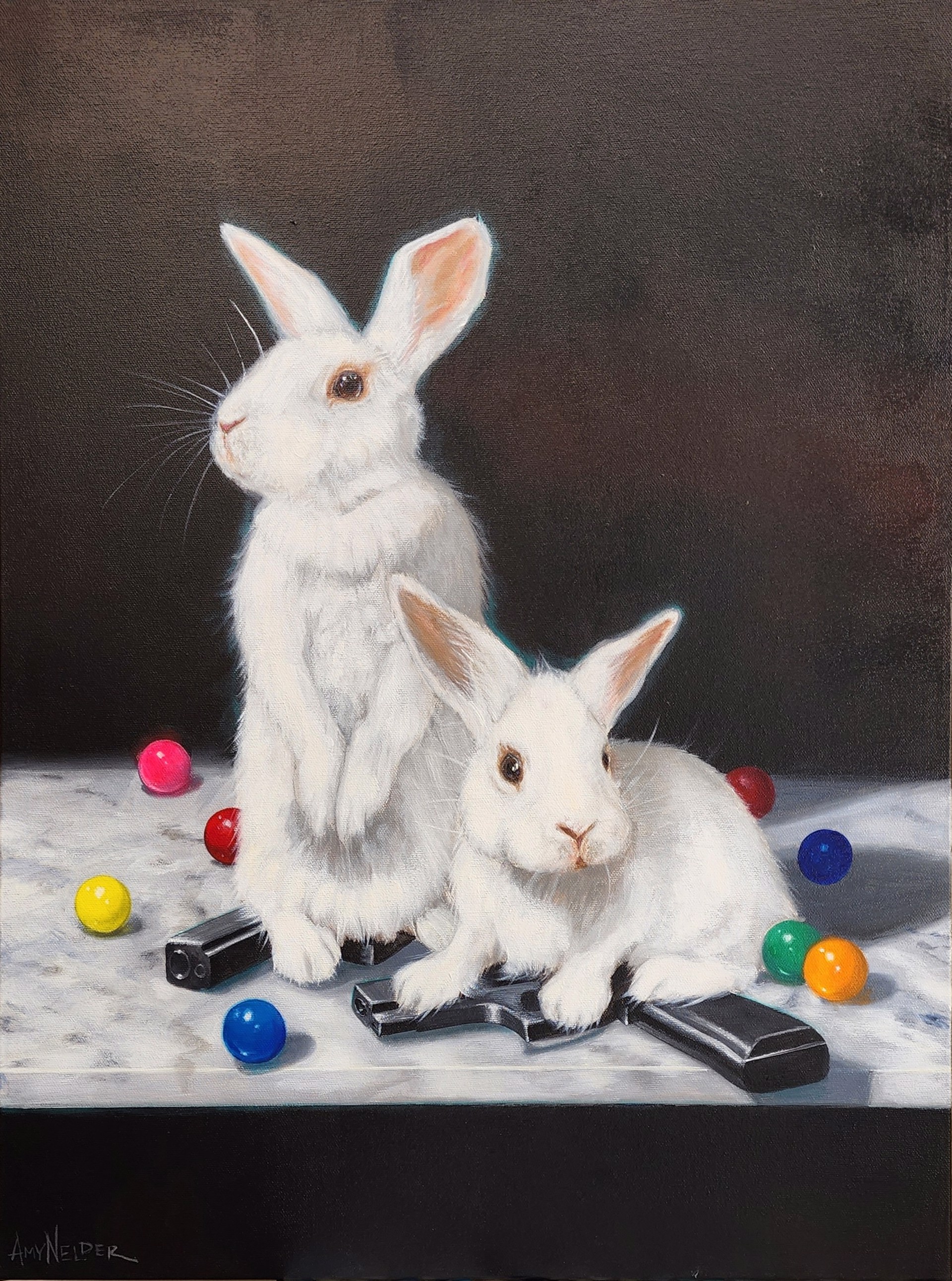 Bunnies and Guns #5 (Still life with soft bunnies, gumballs, handguns, and fear) by Amy Nelder