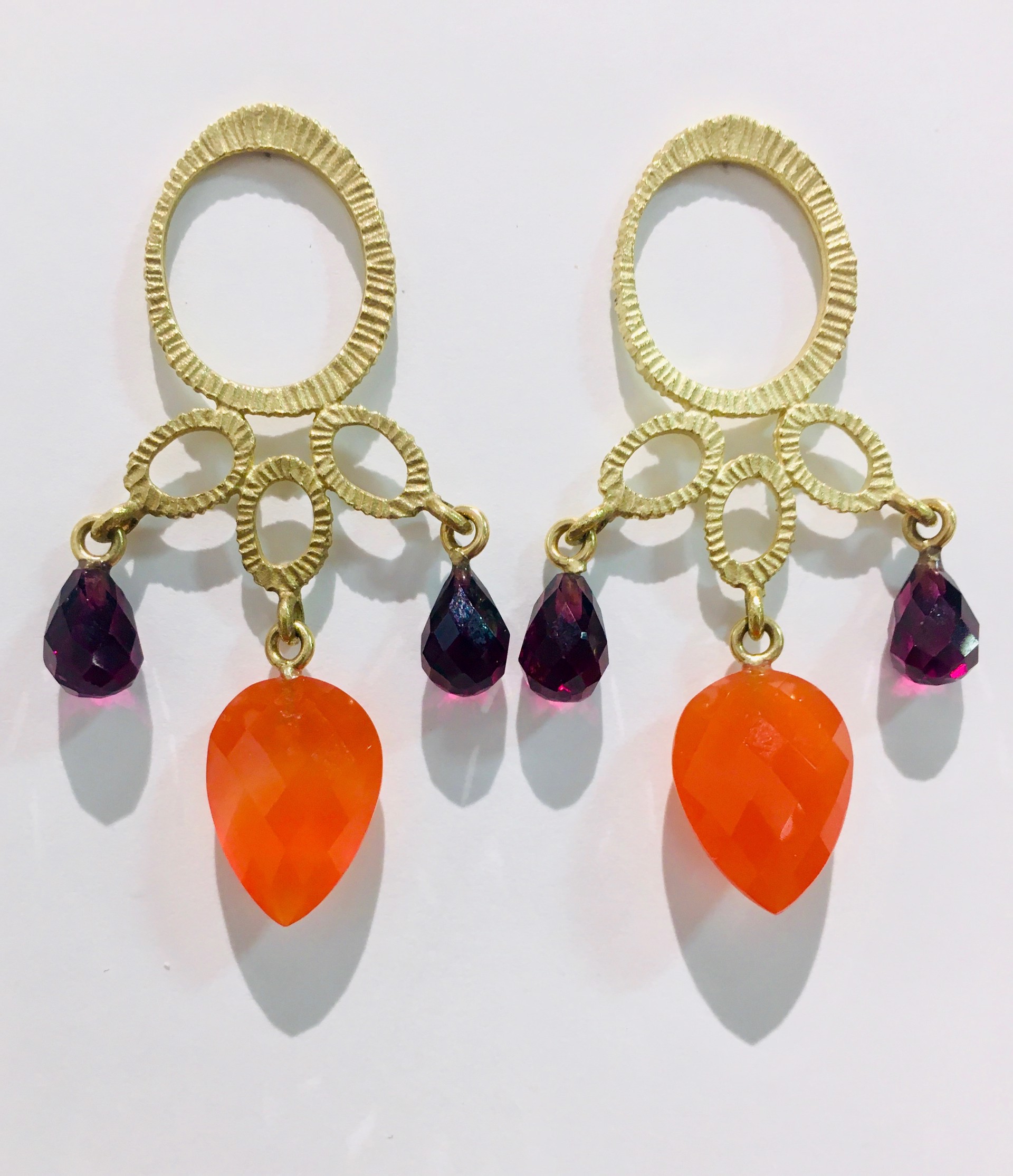 18K Orange Chalcedony and Rhodelite Garnet Earrings by DAHLIA KANNER