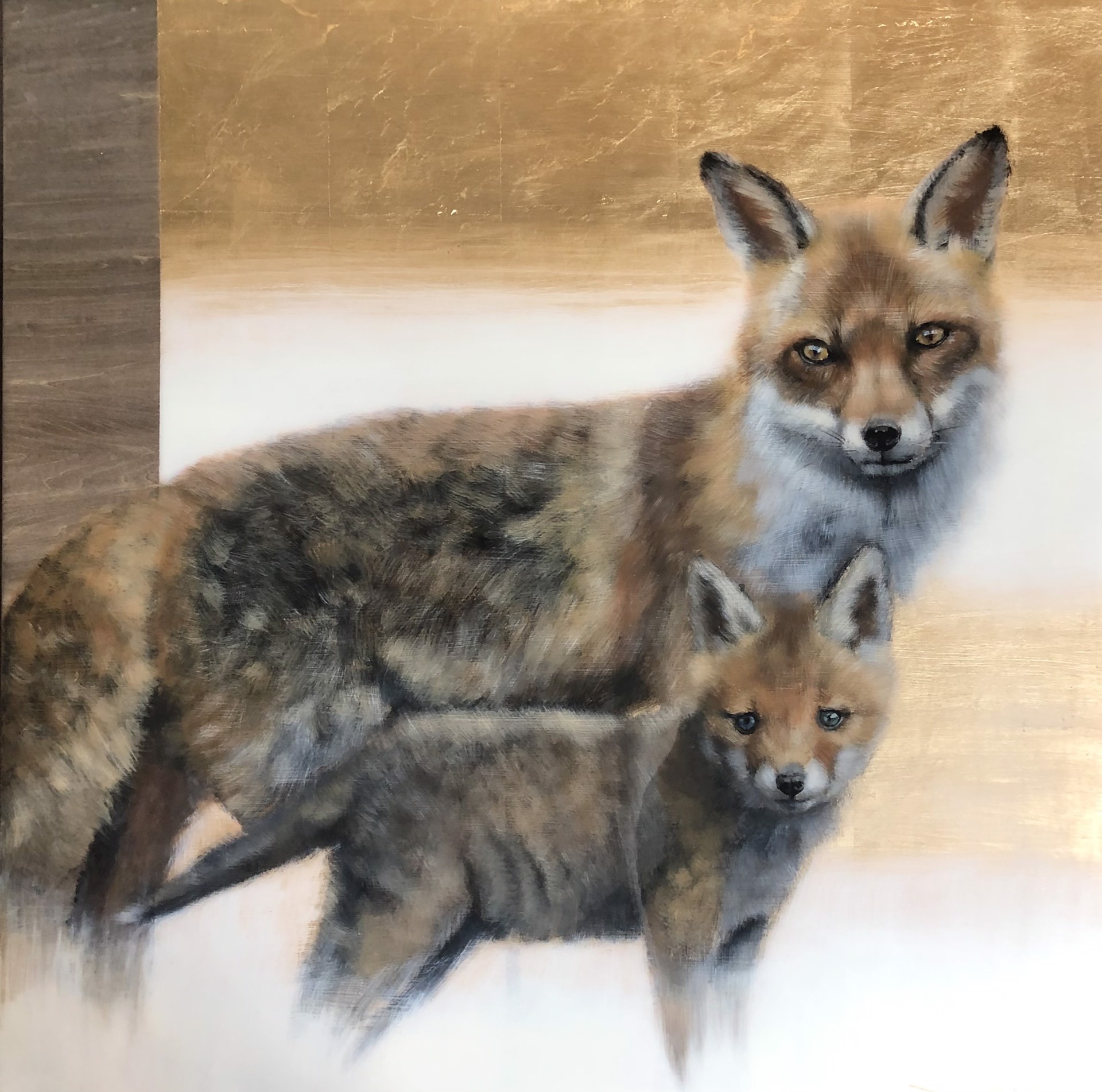 Mother Red Fox And Baby Kit On Full Alert With Gold Leaf Accents For Background