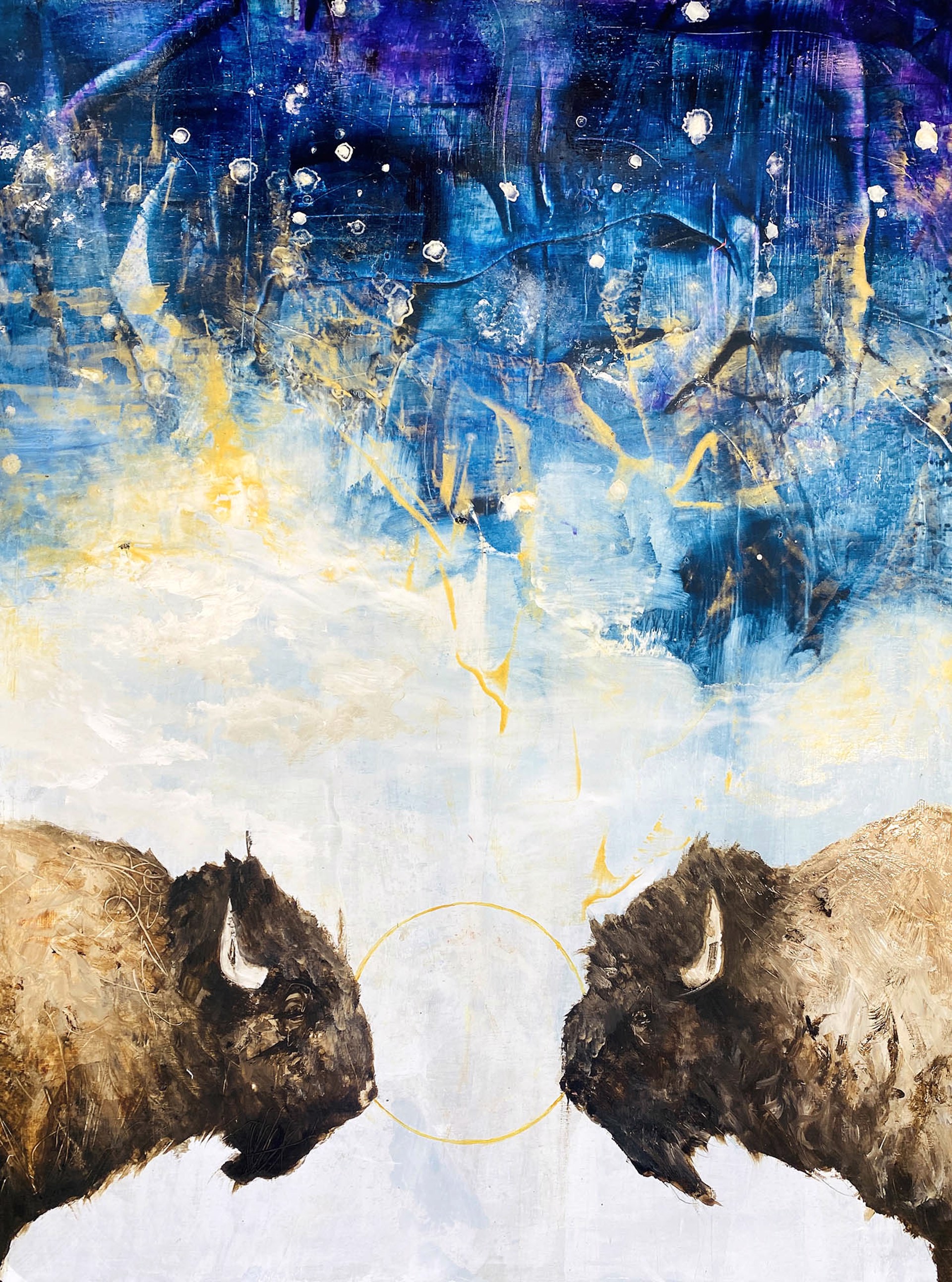 Original Oil Painting Featuring Two Bison Facing Each Other Over Abstract Starry Sky