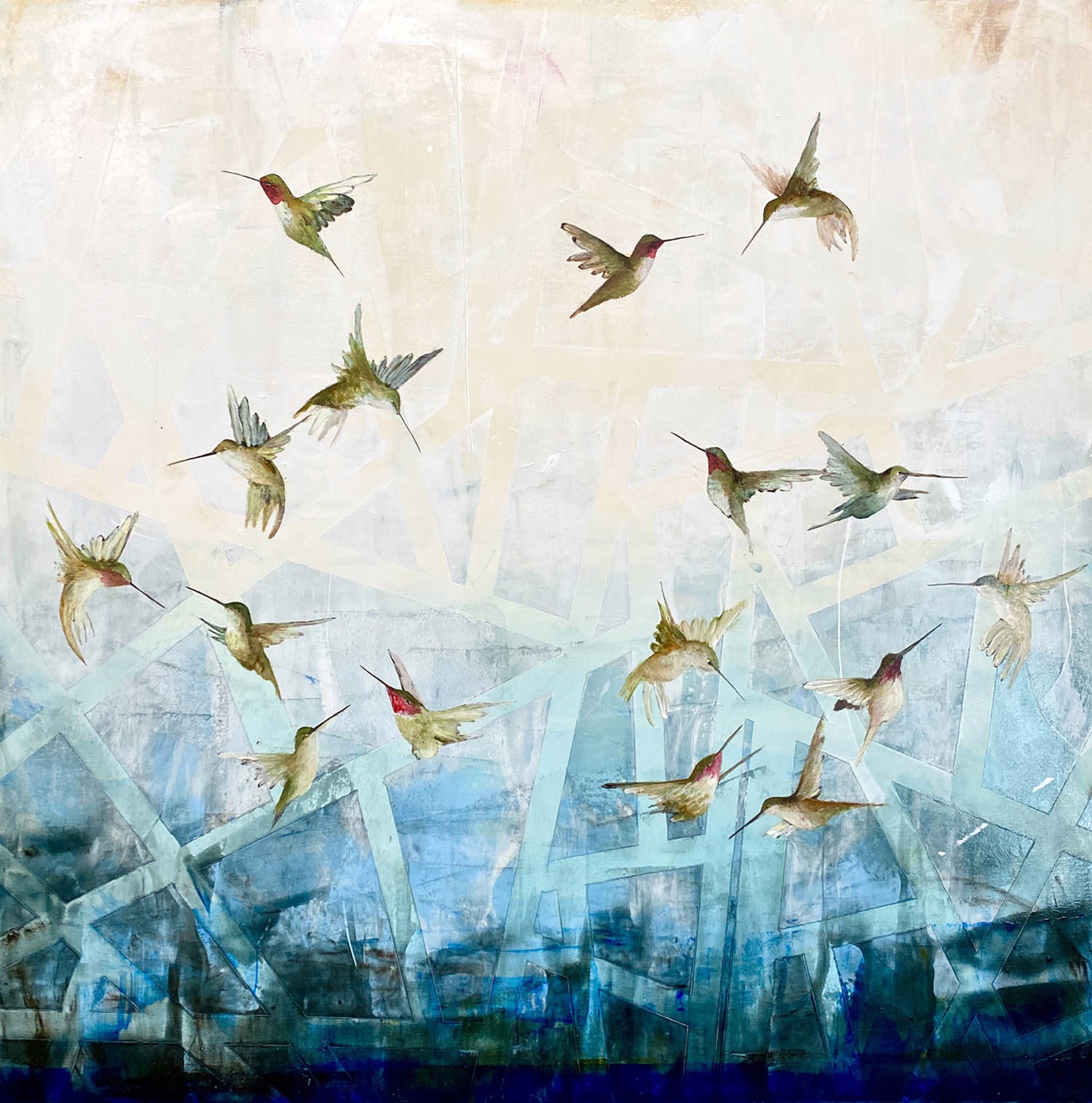 Original Oil Painting By Jenna Von Benedikt Featuring A Flurry Of Hummingbirds Over Abstract Background In Blue