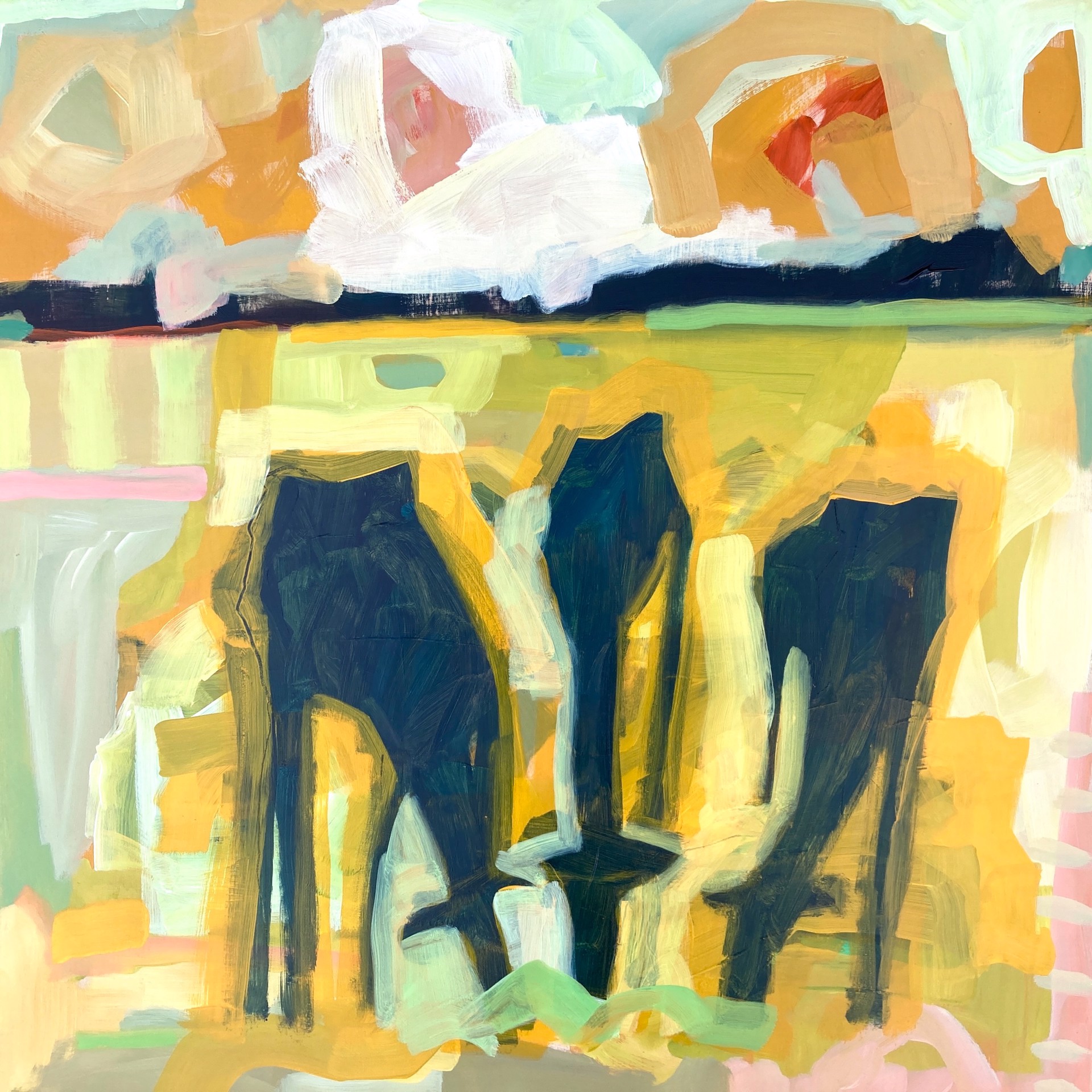 Three Cows in Gold and Pink Field by Rachael Van Dyke