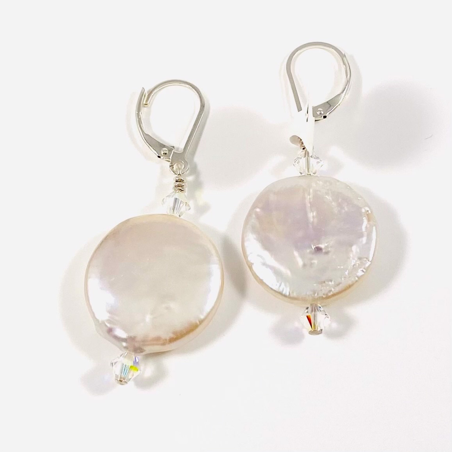 Large White Coin Pearl, Swarovski Crystal Earrings SHOSH21-K by Shoshannah Weinisch