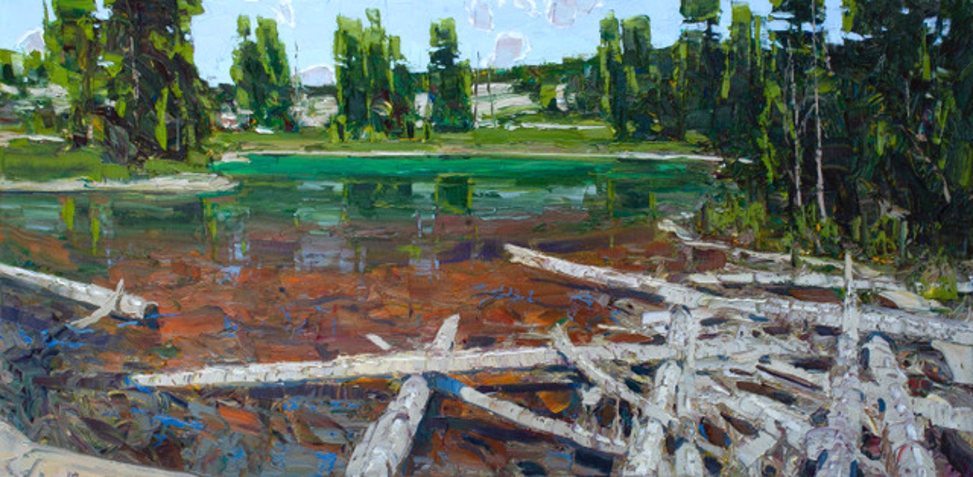 A Contemporary Palette Knife Painting Of An Alpine Lake Surrounded By Forest  By Silas Thompson At Gallery Wild