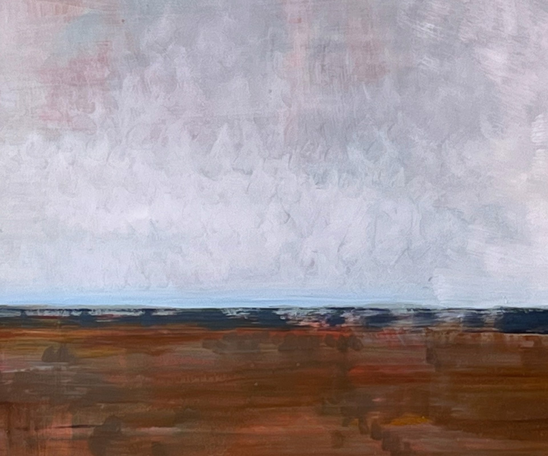Oil painting of a landscape showing a broad plain and a cloudy sky