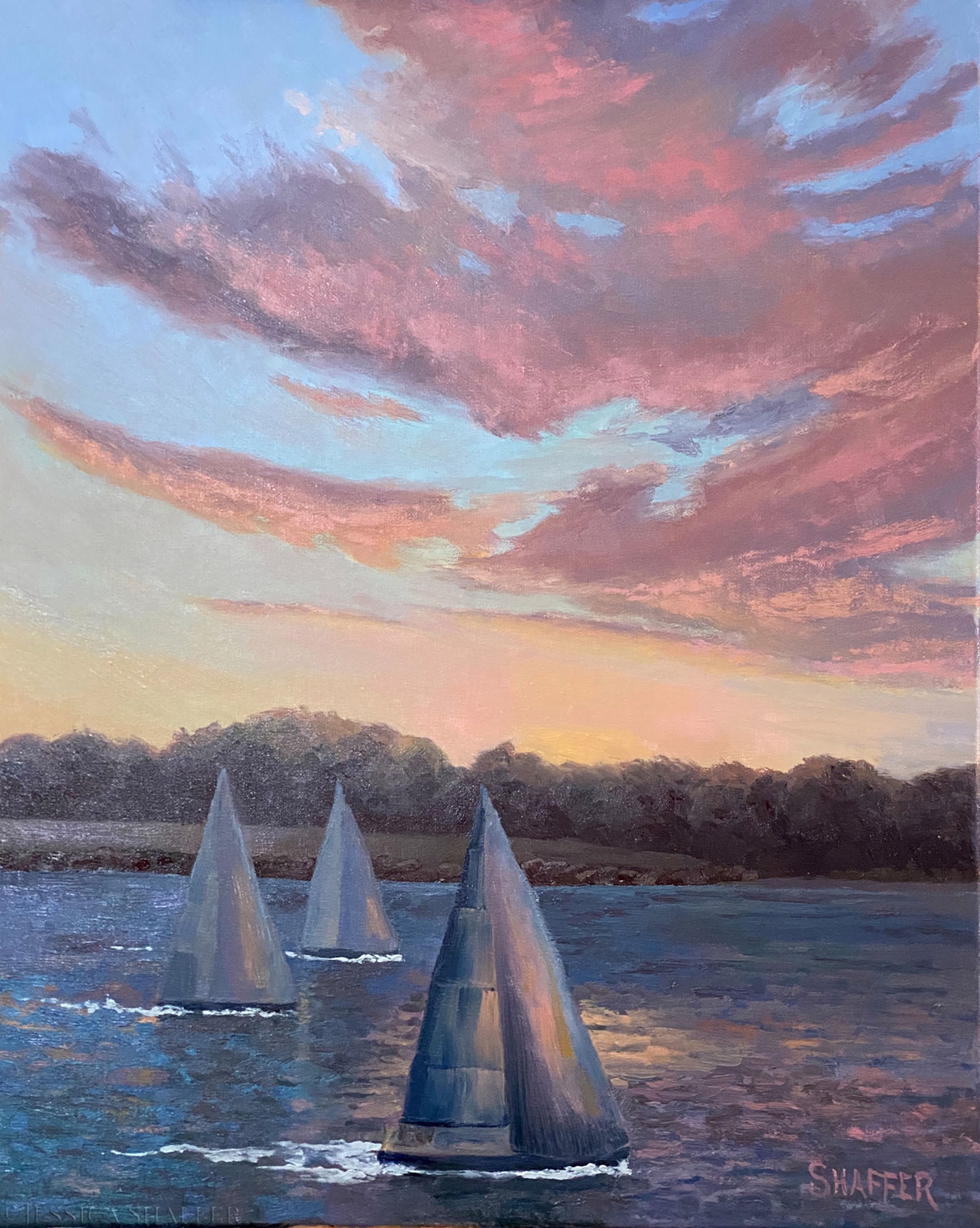 Oil painting of sailboats at sunset racing by Castle Hill, Newport in Narragansett Bay
