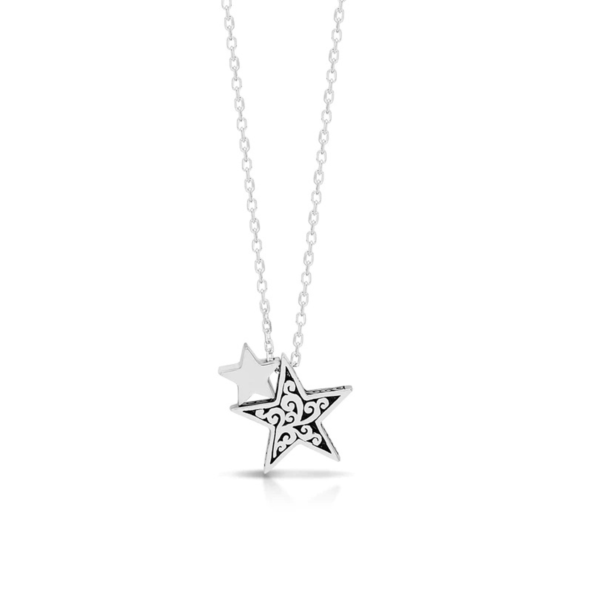 1094 LH Signature Scroll Sterling Silver Delicate Double Stars Pendant Necklace in 18" Adjustable Chain. Pendant size 13mm (SO) by Lois Hill