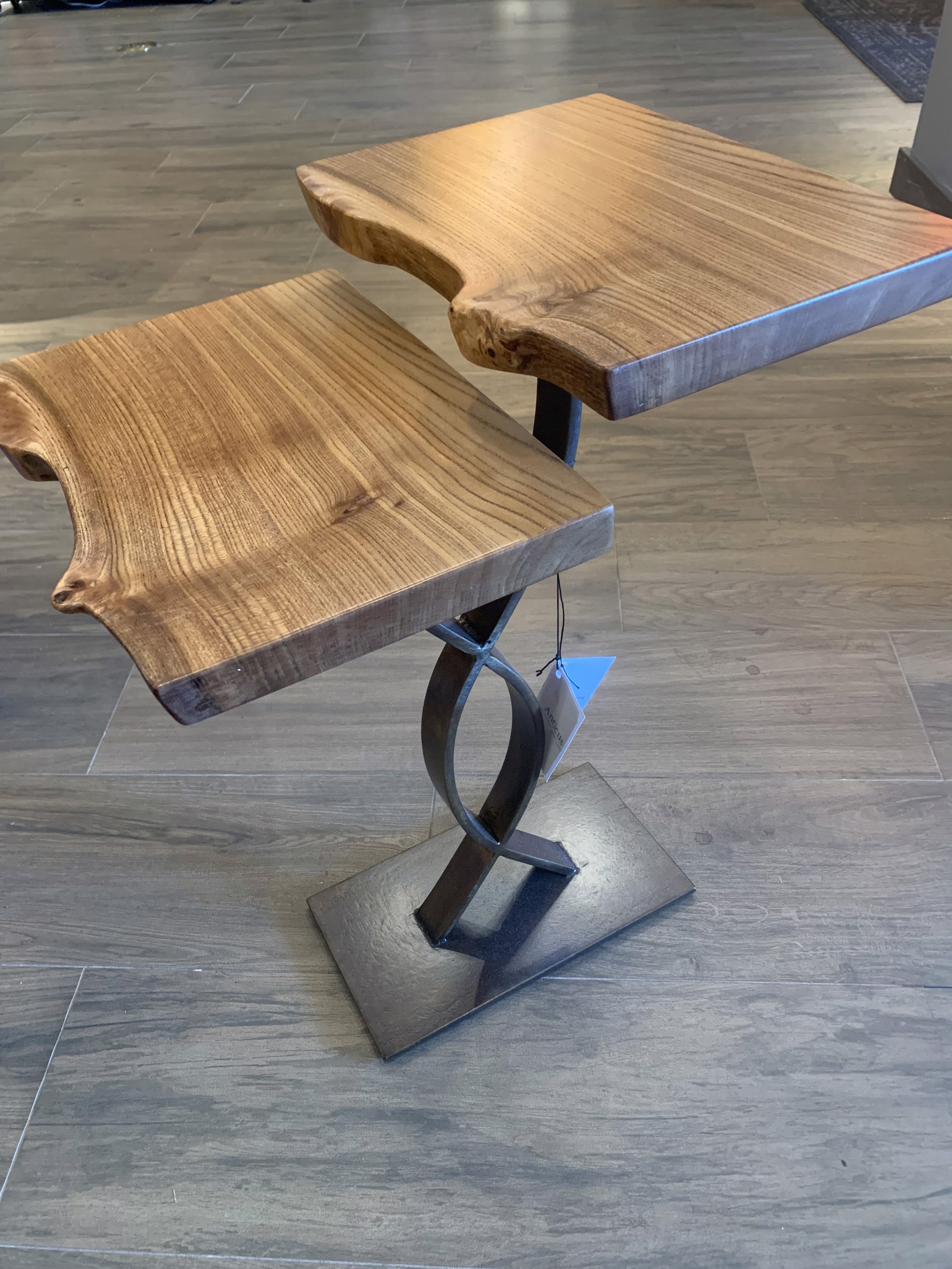 Two tiered English elm side table on intersecting arc base, 112021C by Ron Gill