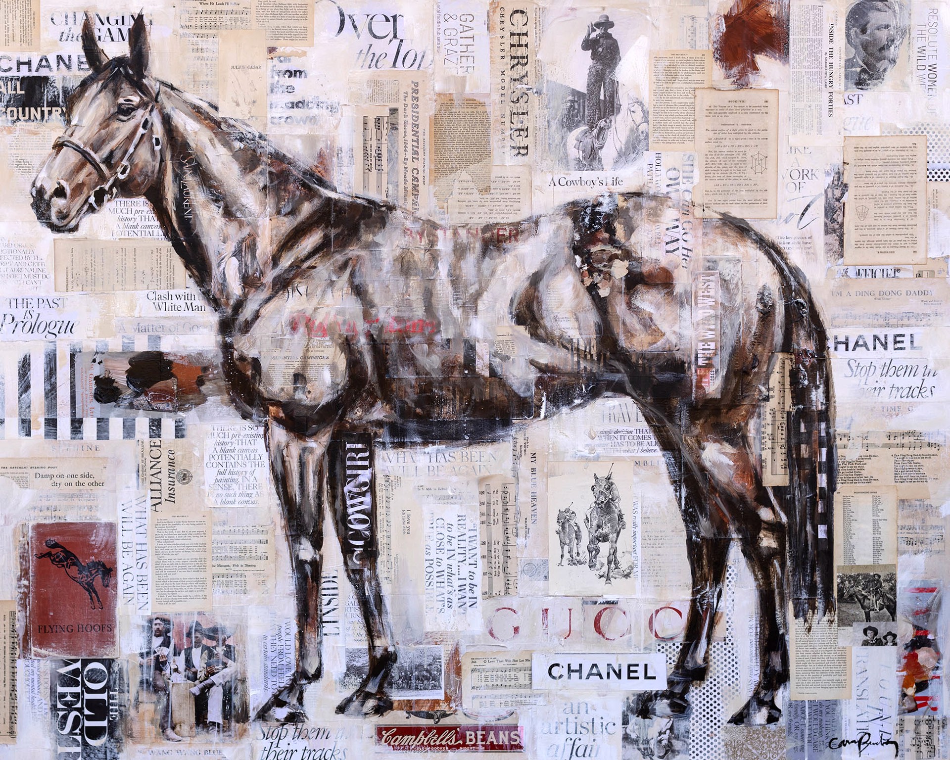 Original Mixed Media Painting By Carrie Penley Featuring A Horse On Mixed Media Background With Vintage Collage Details