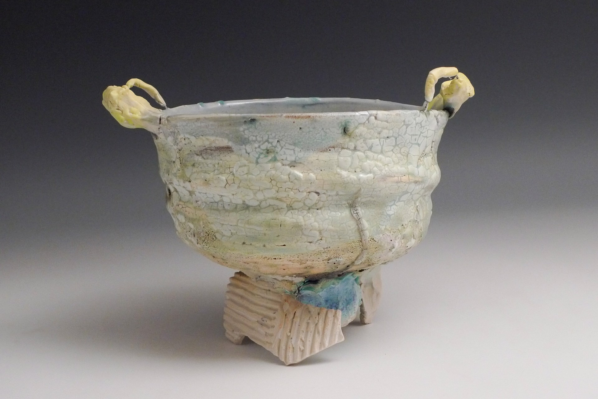 Blue Green Bowl with Yellow Handles by Ani Kasten