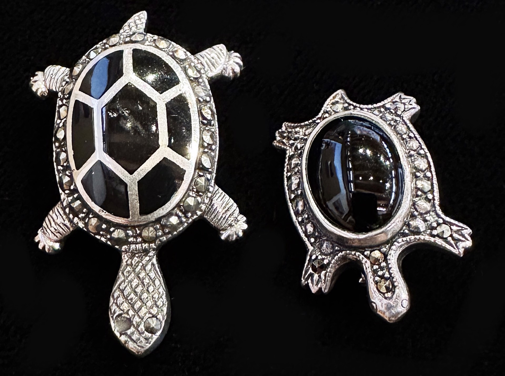 Two Marcasite and Onyx Turtle Brooches