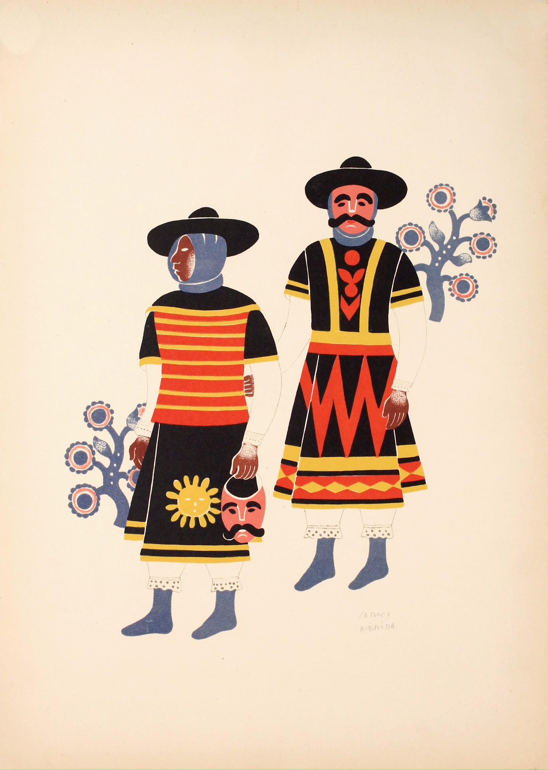 Two Men From Huixquilucan at the Fiesta of the Huehuenches by Carlos Mérida (1891 - 1985)