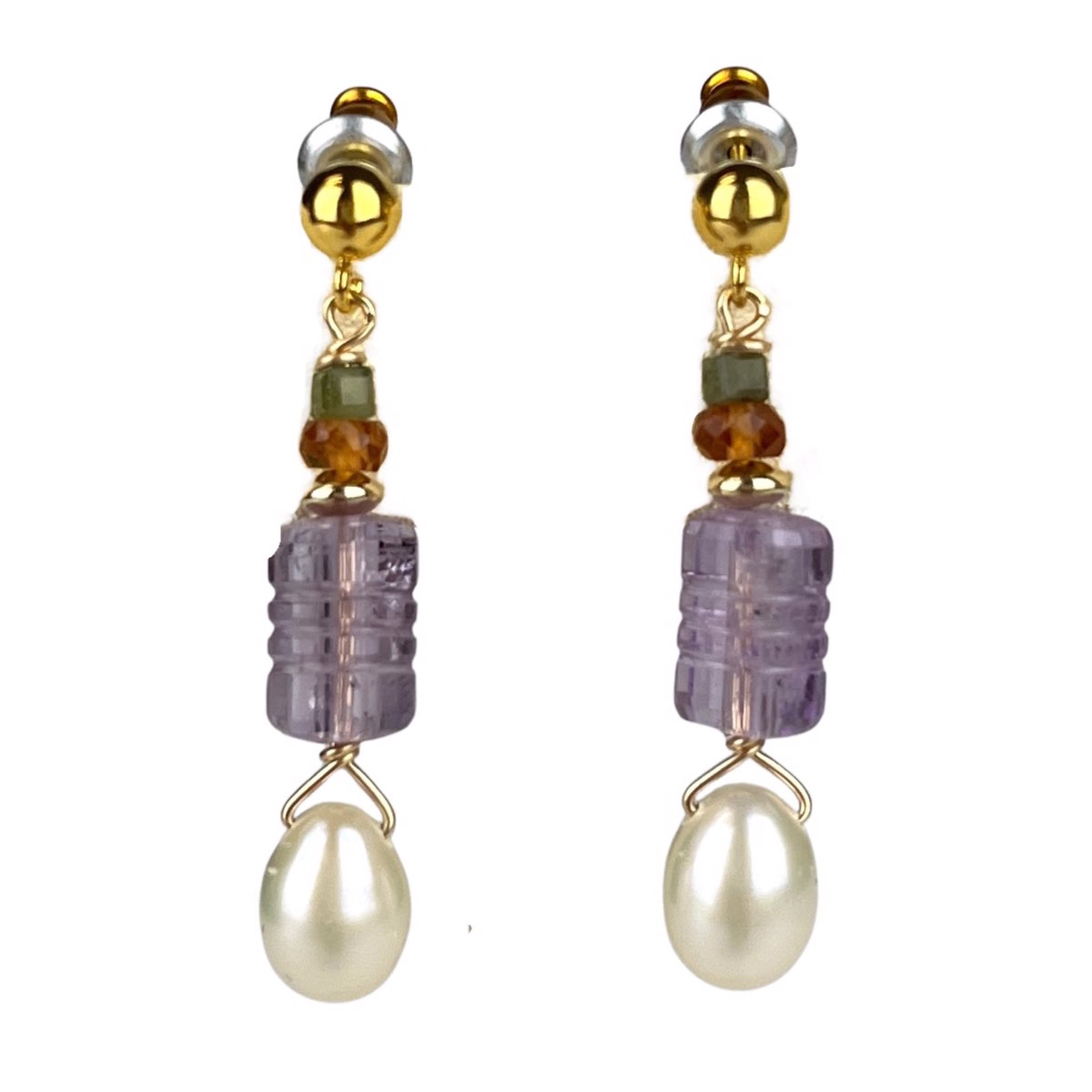 Faceted Amethyst with Pearl & Flourite 14K GF Earrings by Nola Smodic