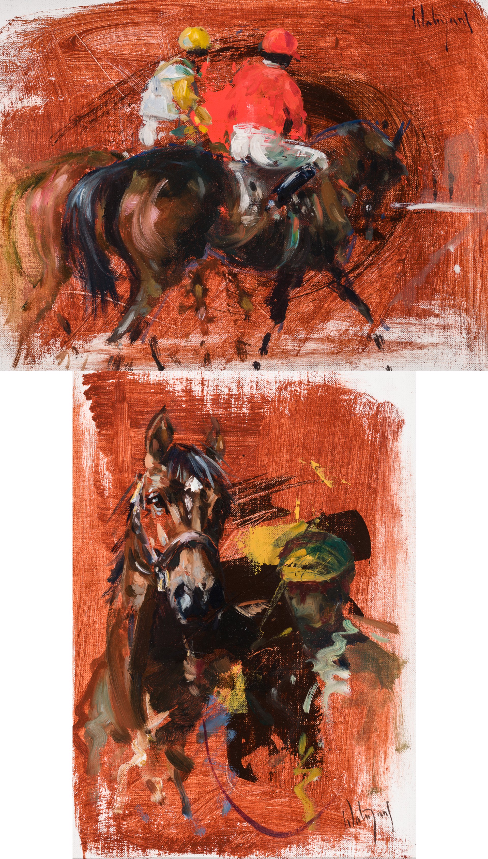 HORSE AND HANDLER & TWO JOCKEYS (a pair) by Hubert de Watrigant