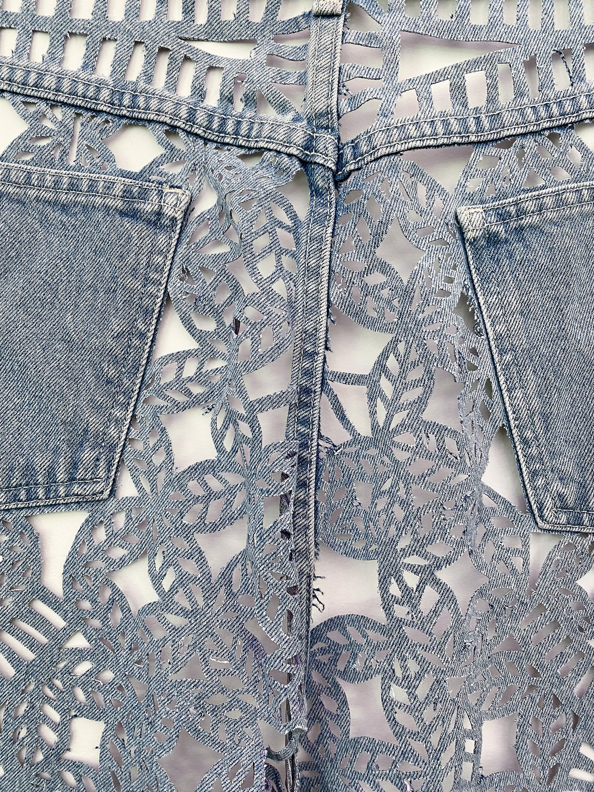 Meticulously Distressed Denim Jeans, Honiton Lace by Libby Newell