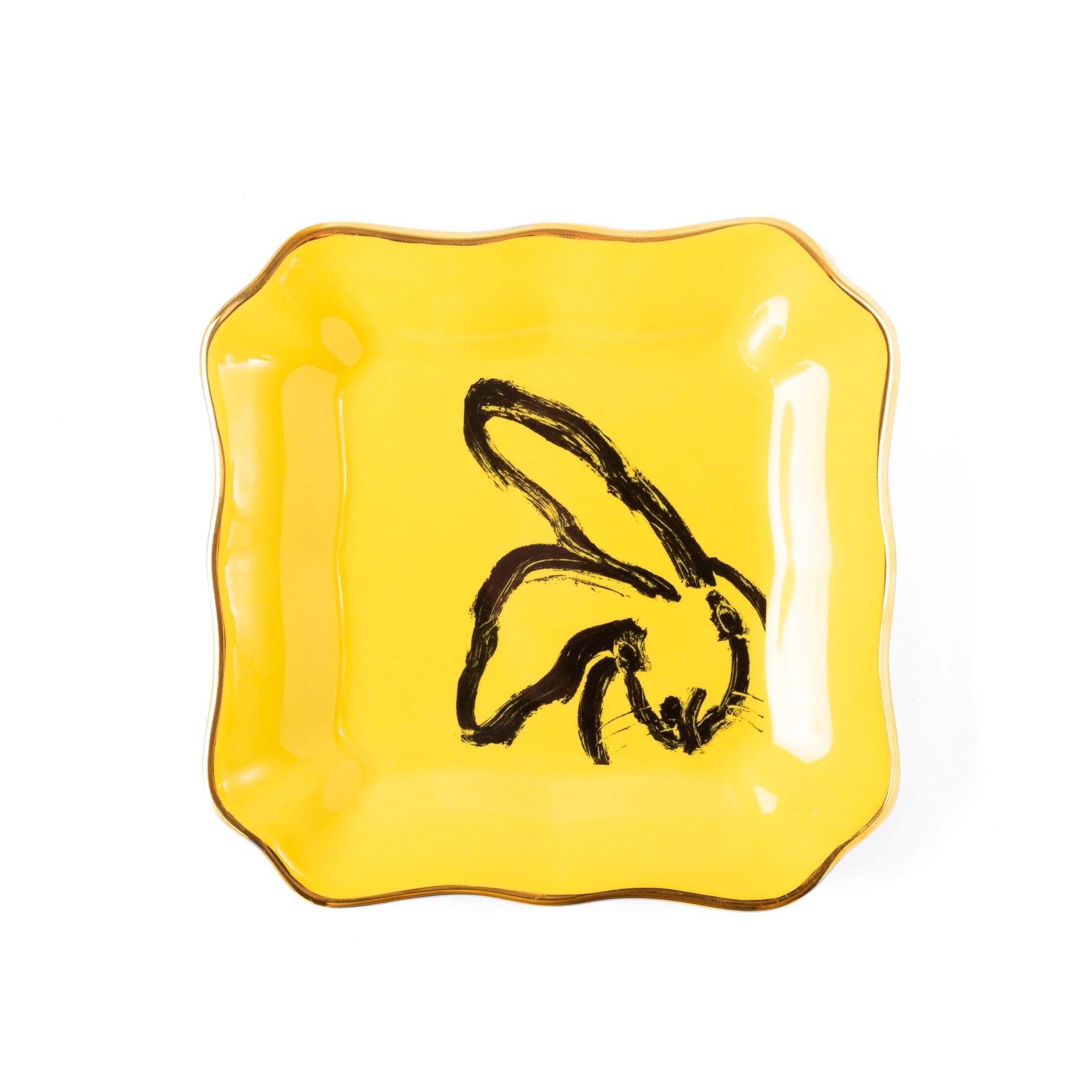 Bunny Portrait Plate - Yellow with Hand Painted Gold Rim by Hunt Slonem (Hop Up Shop)