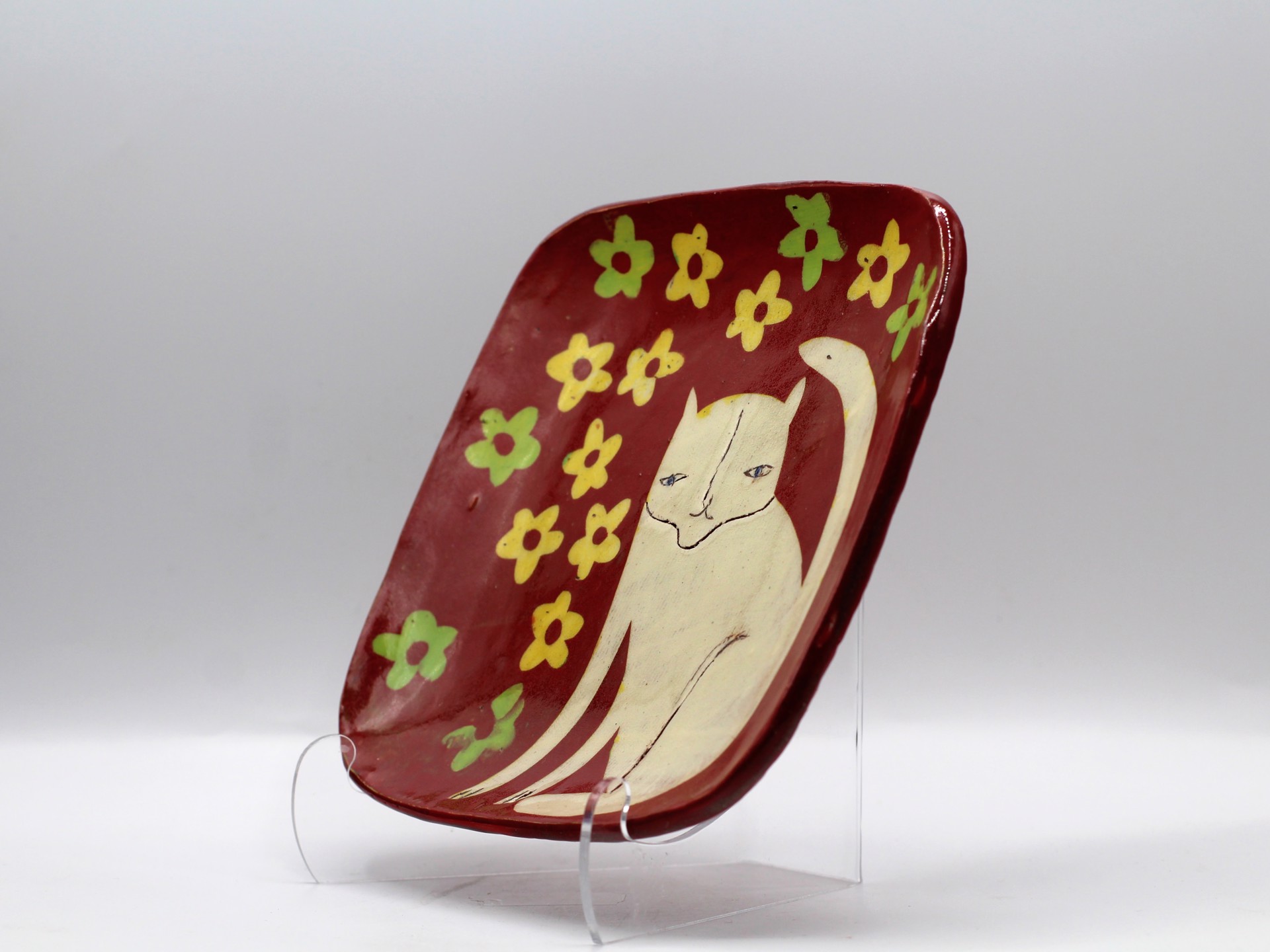 Cat Red Small Square Plate by Priscilla Dahl