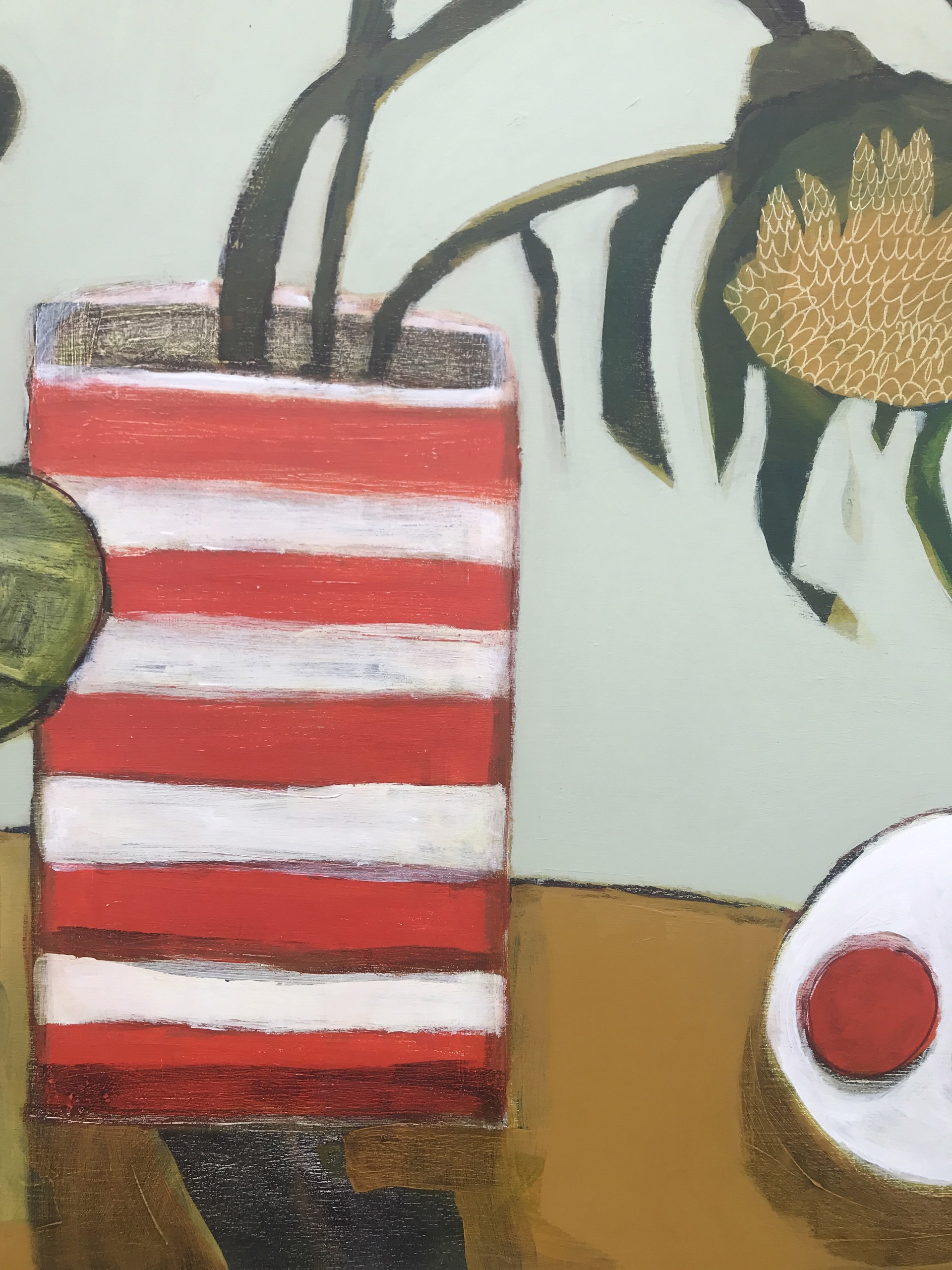 Three Sunflowers in Red and White Striped Vase by Rachael Van Dyke