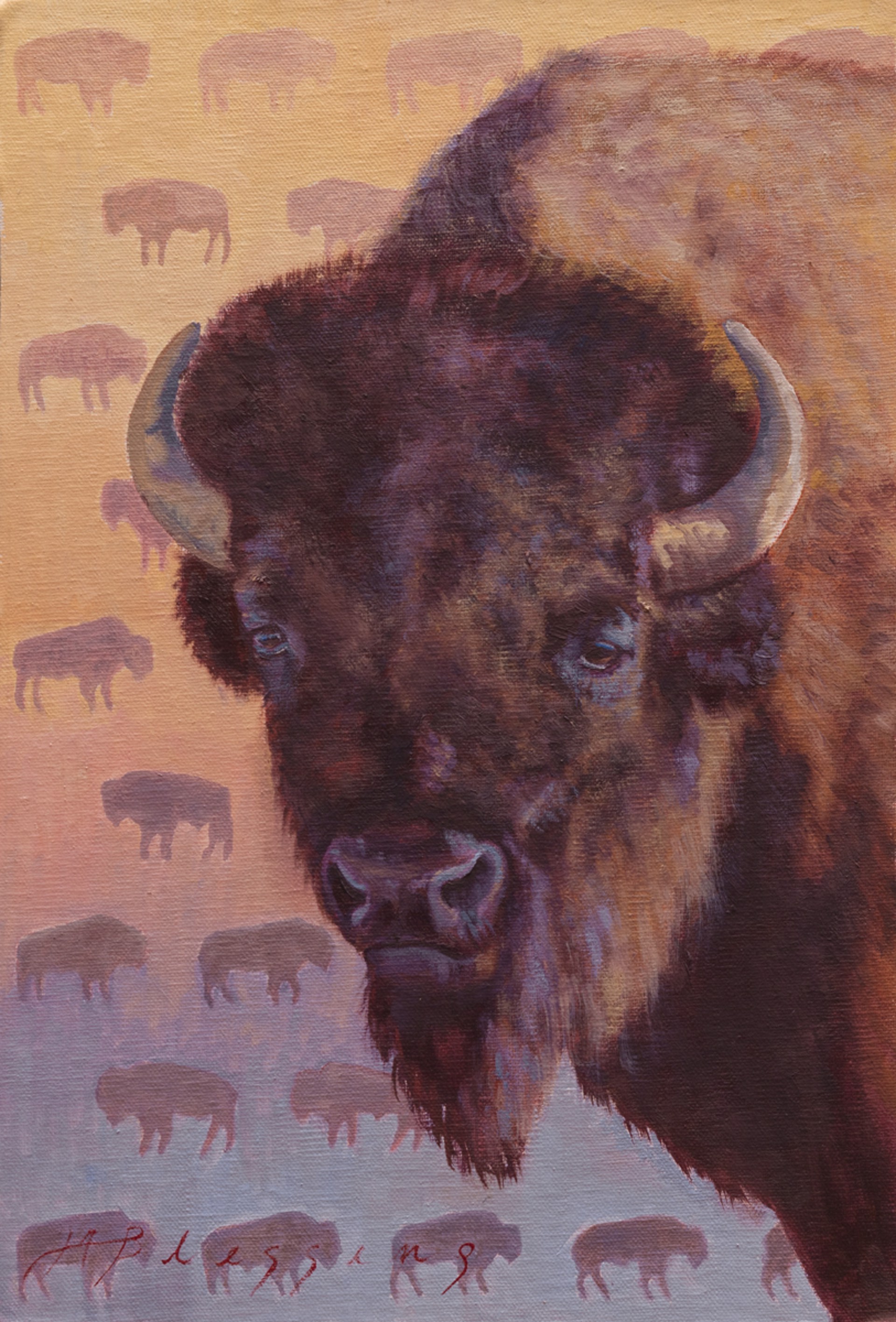A Contemporary Oil Painting By Meagan Blessing Of A Bison Portrait Featuring A Purple Pink Yellow Background With Small Bison Silhouettes, Fine Art By Meagan Blessing Available At Gallery Wild