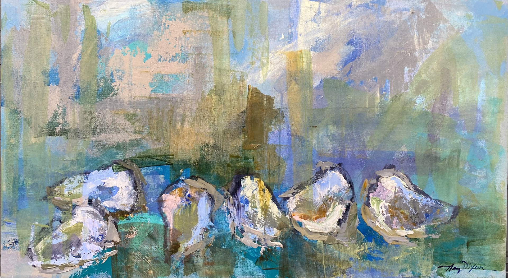 "Oysters Blue" original mixed media painting by Amy Dixon