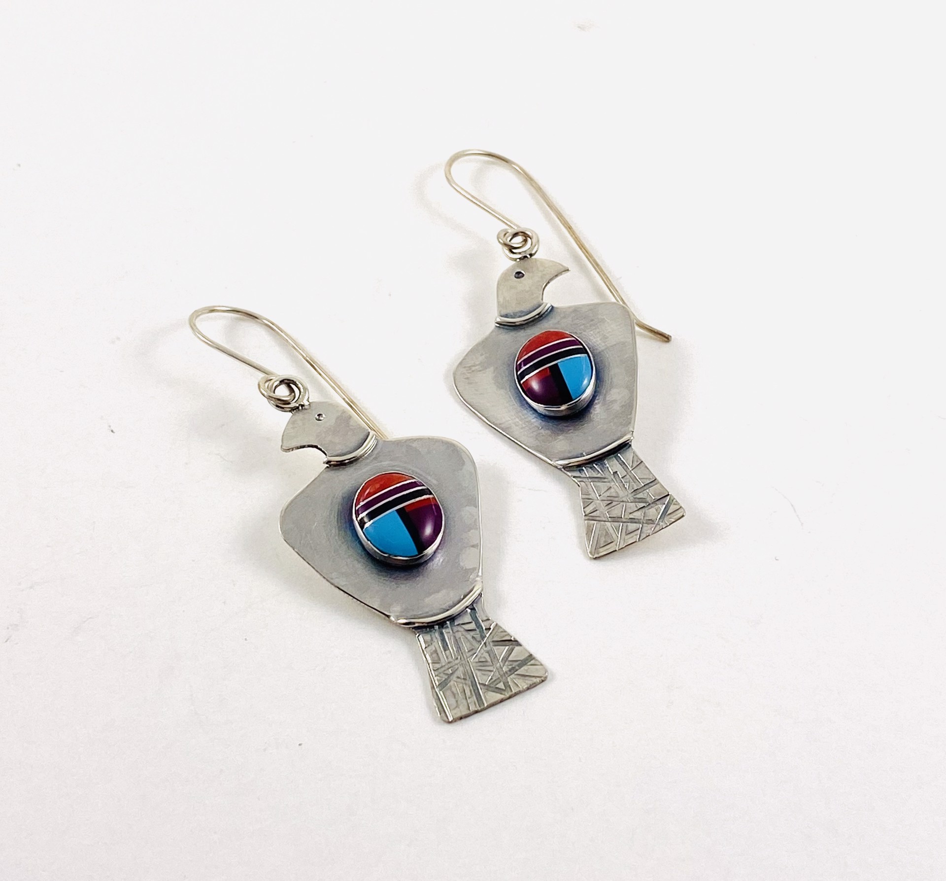 AB233Silver and Inlaid Stone Earrings by Anne Bivens
