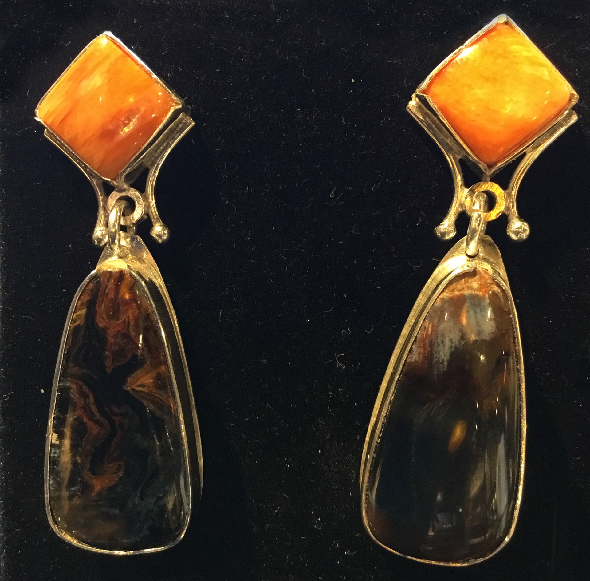 Orange Spiney Oyster & Pietersite Earrings by Michael Redhawk