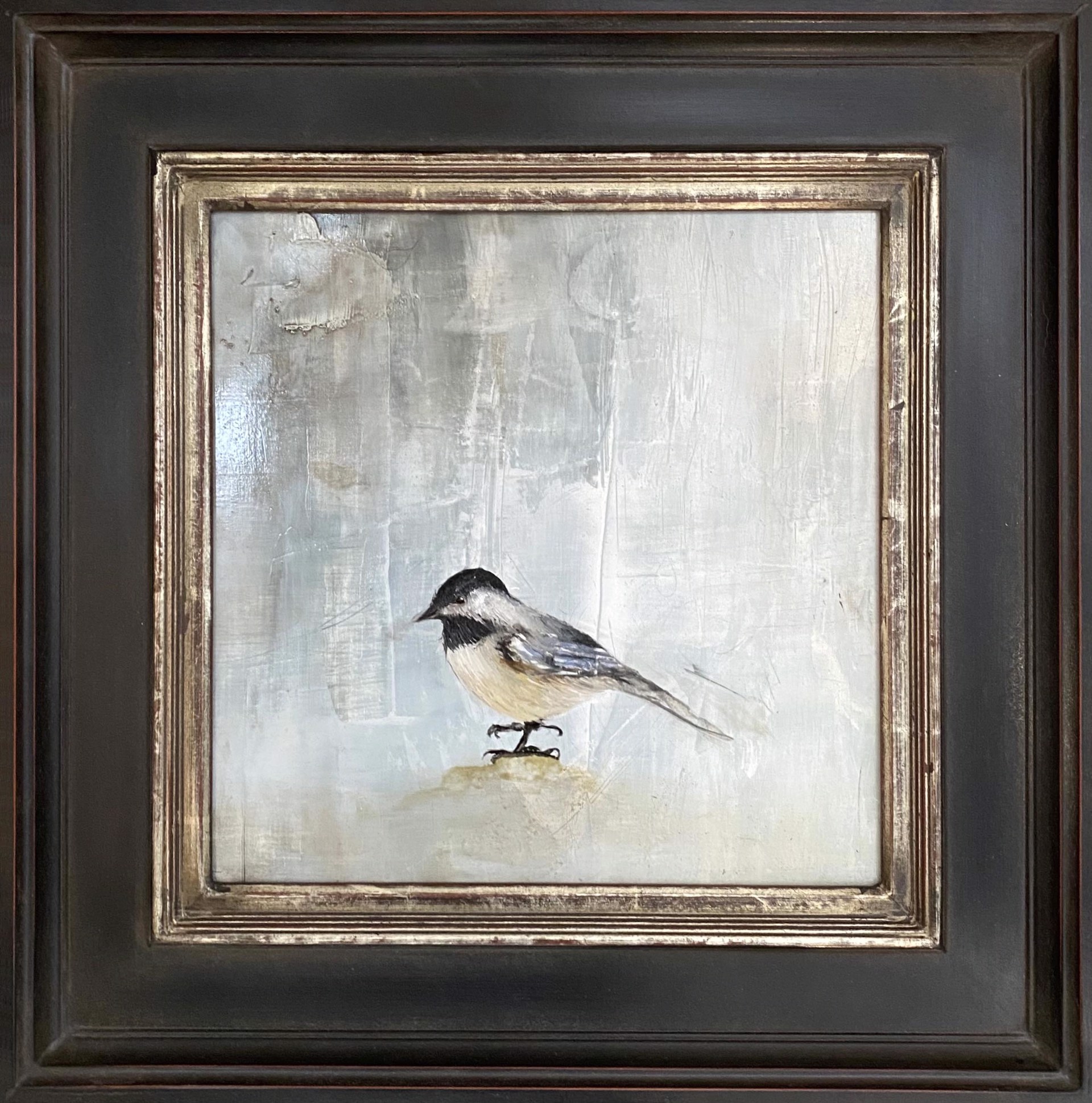A Contemporary Oil Painting Of A Black Capped Chickadee On A Abstract Gray And Tan Background