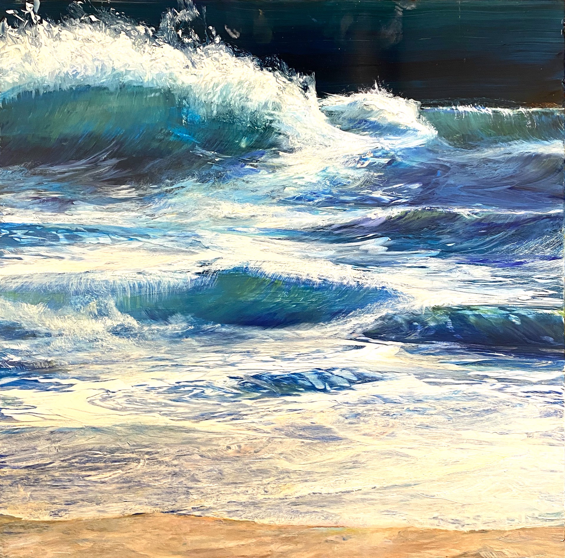 Oil on aluminum seascape by David Dunlop of waves crashing on the beach