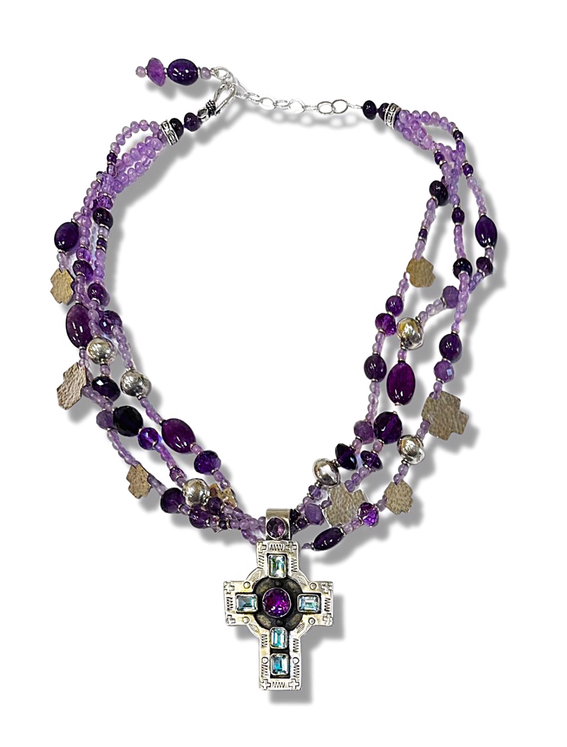 KY 1465 Three Strand Amethyst and Sterling Silver Necklace by Kim Yubeta
