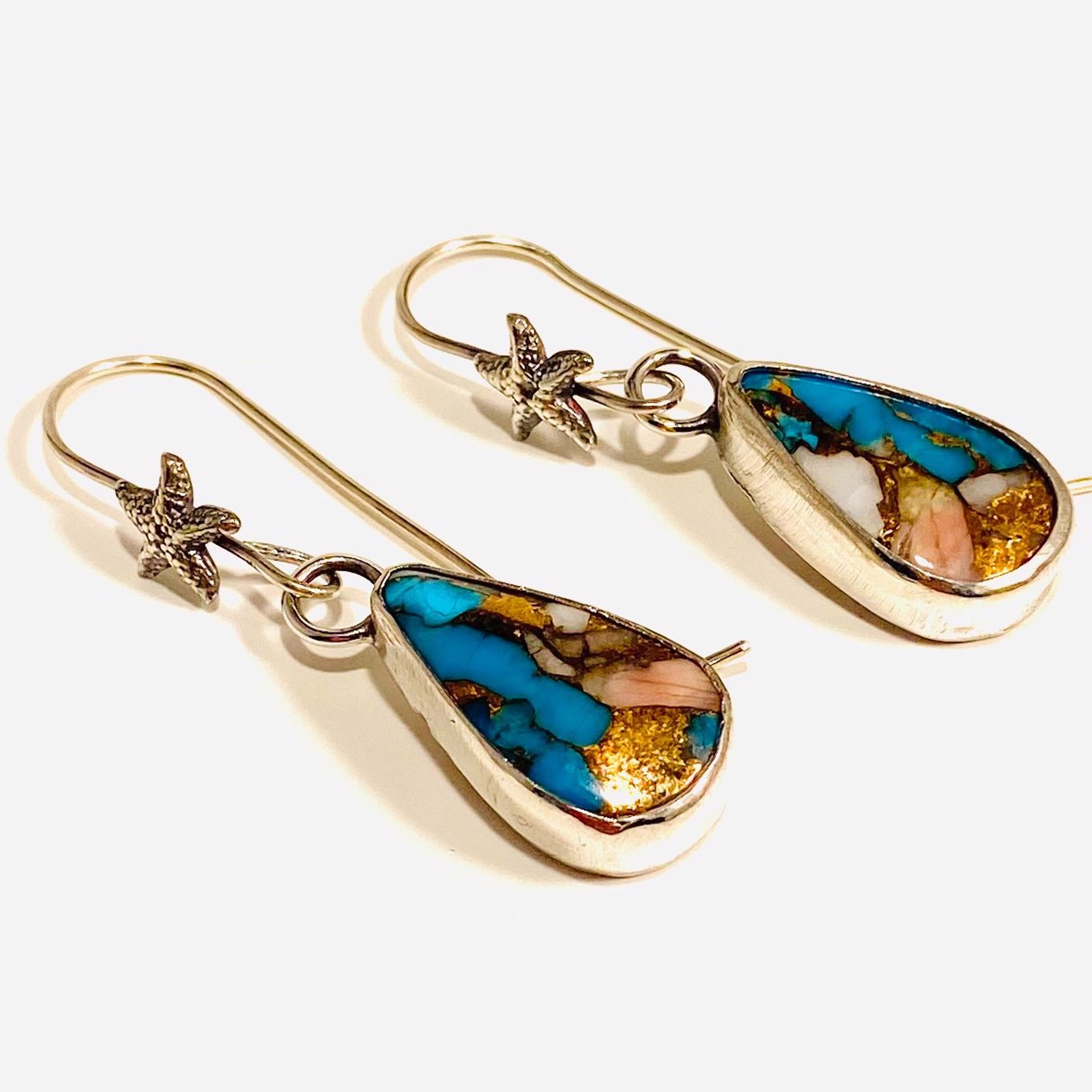 AB21-27 Kingsman Turquoise, Peruvian Opal and Bronze Composite in Silver, Starfish Accent Earrings by Anne Bivens