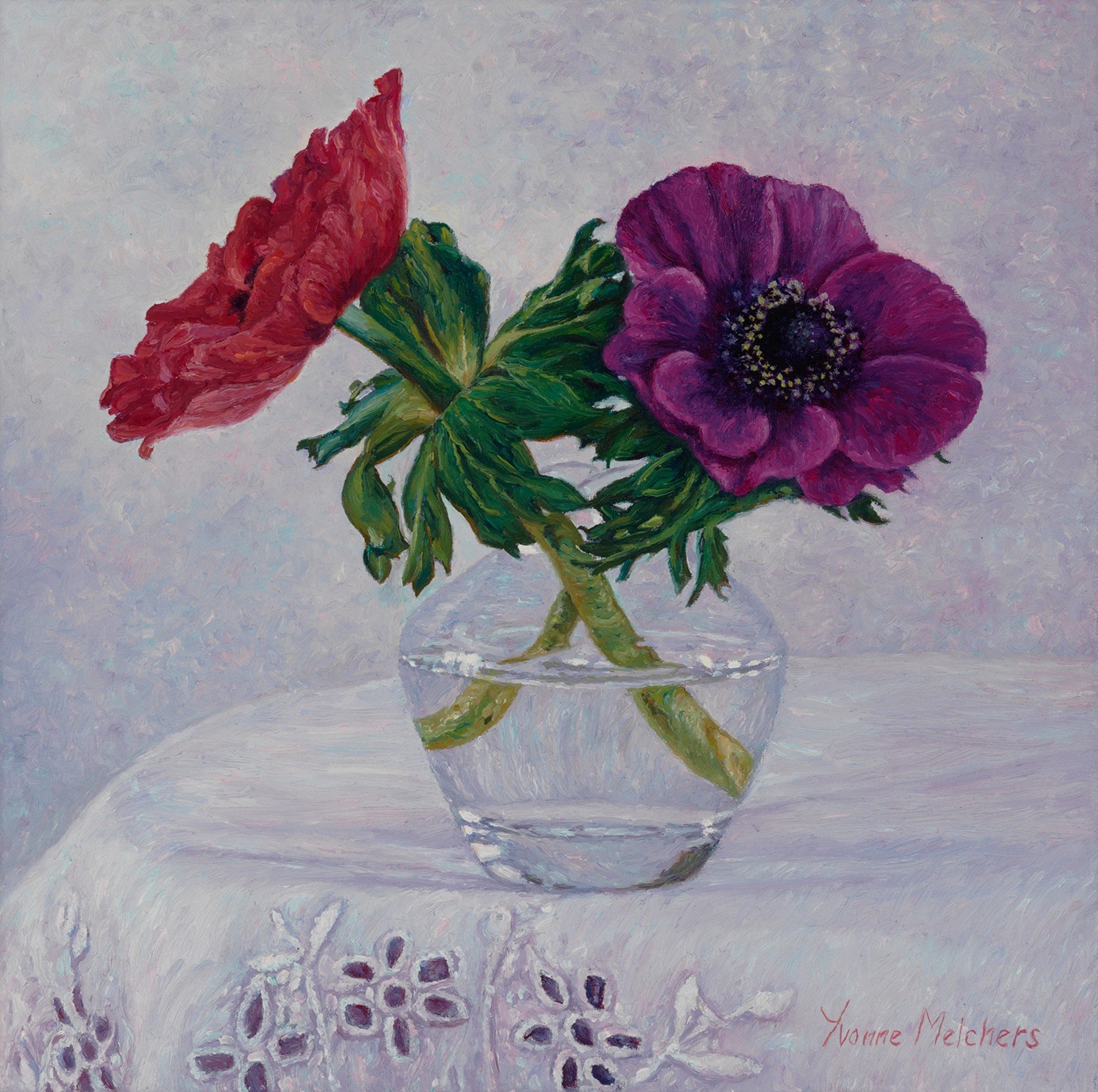 Glass with Red and Purple Anemone by Yvonne Melchers