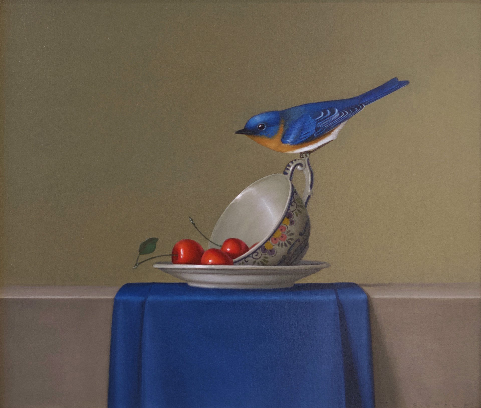 Still Life With Bluebird and Cherries by Sarah Siltala