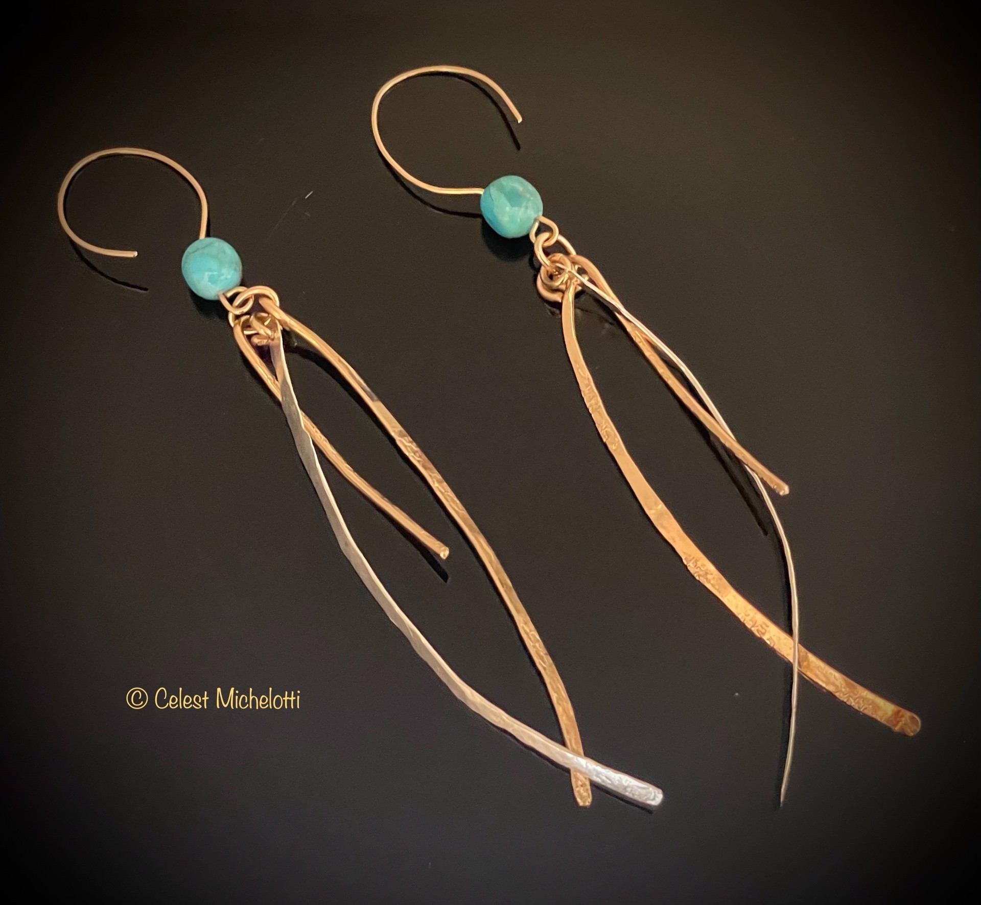 Fireworks, Earrings, 3 in., 14K Gold Filled, Kingman AZ Blue Turquoise on Earwires by Celest Michelotti