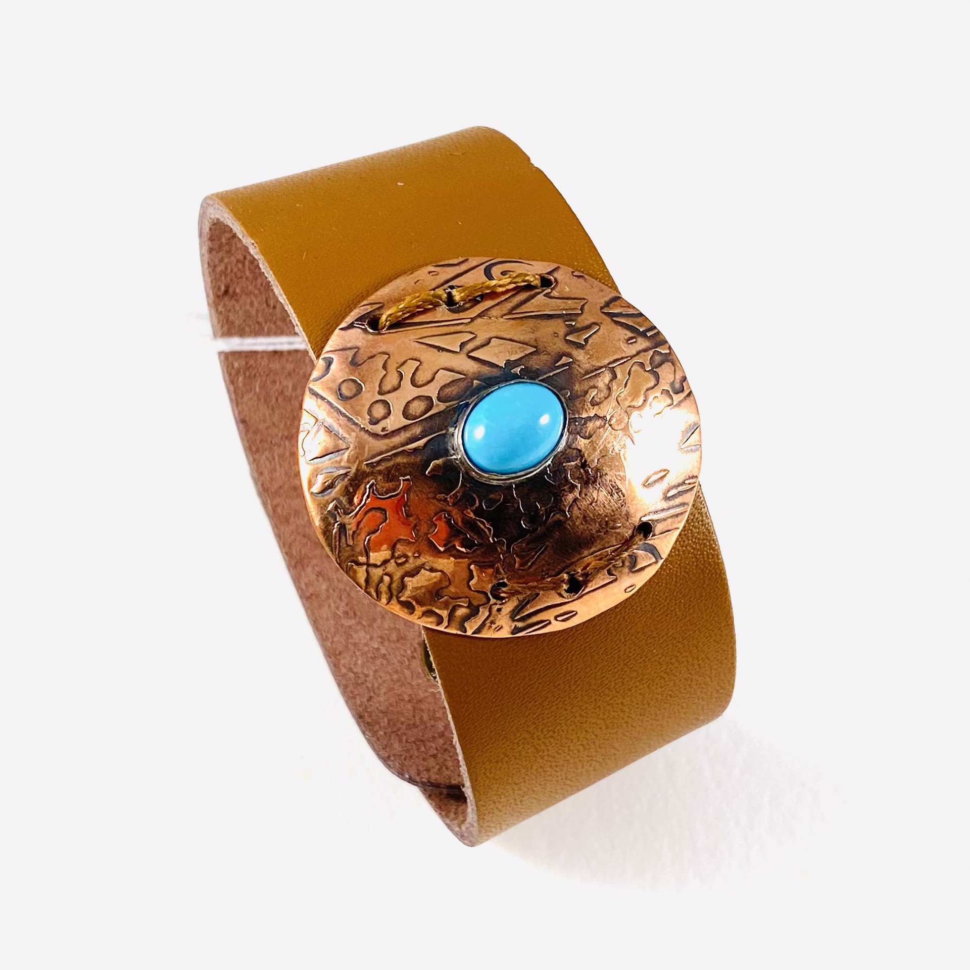 Turquoise and Copper on Leather Cuff Bracelet AB21-56 by Anne Bivens