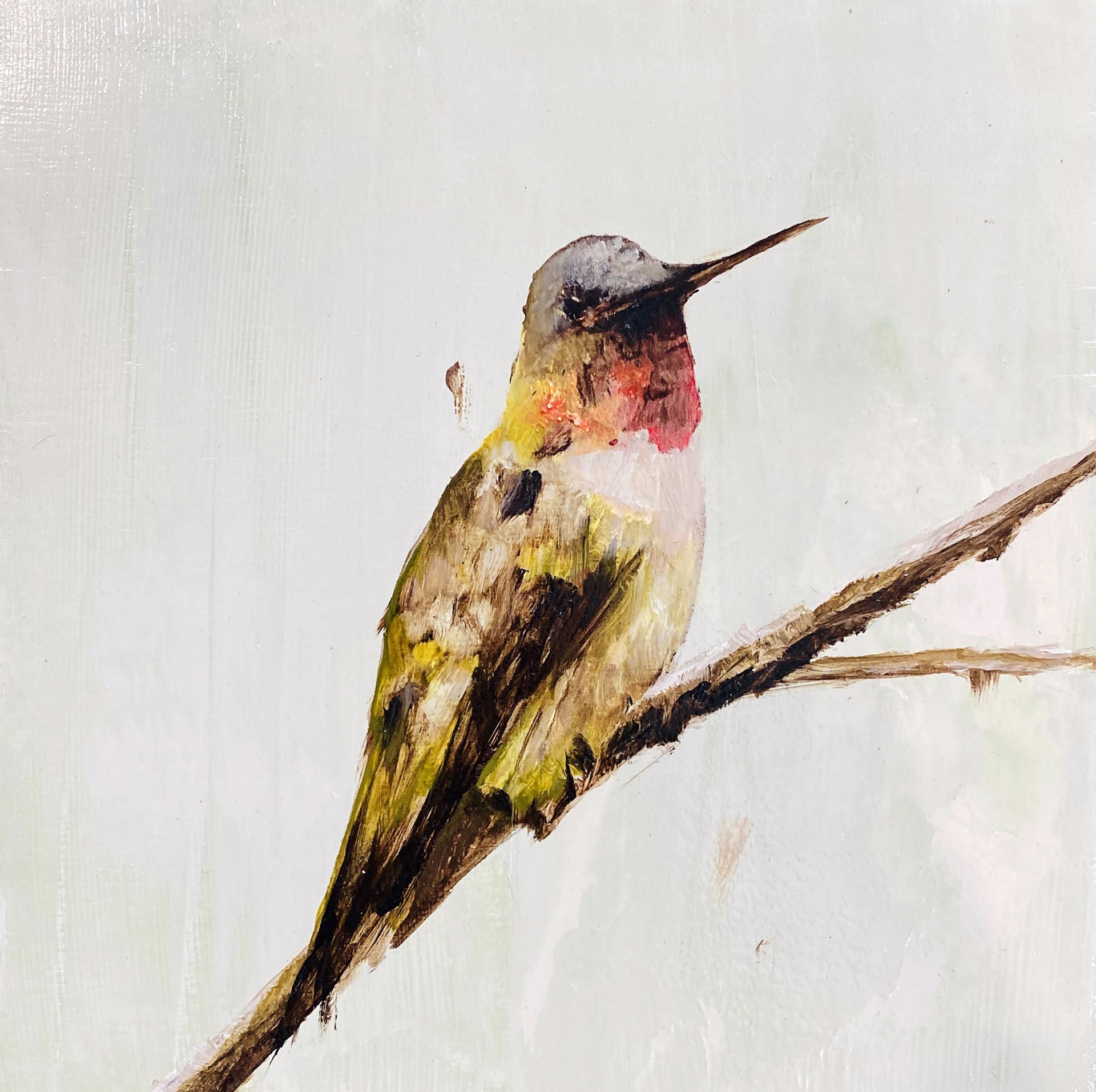 Original Oil Painting Featuring A Hummingbird Sitting On A Branch On Gray Background